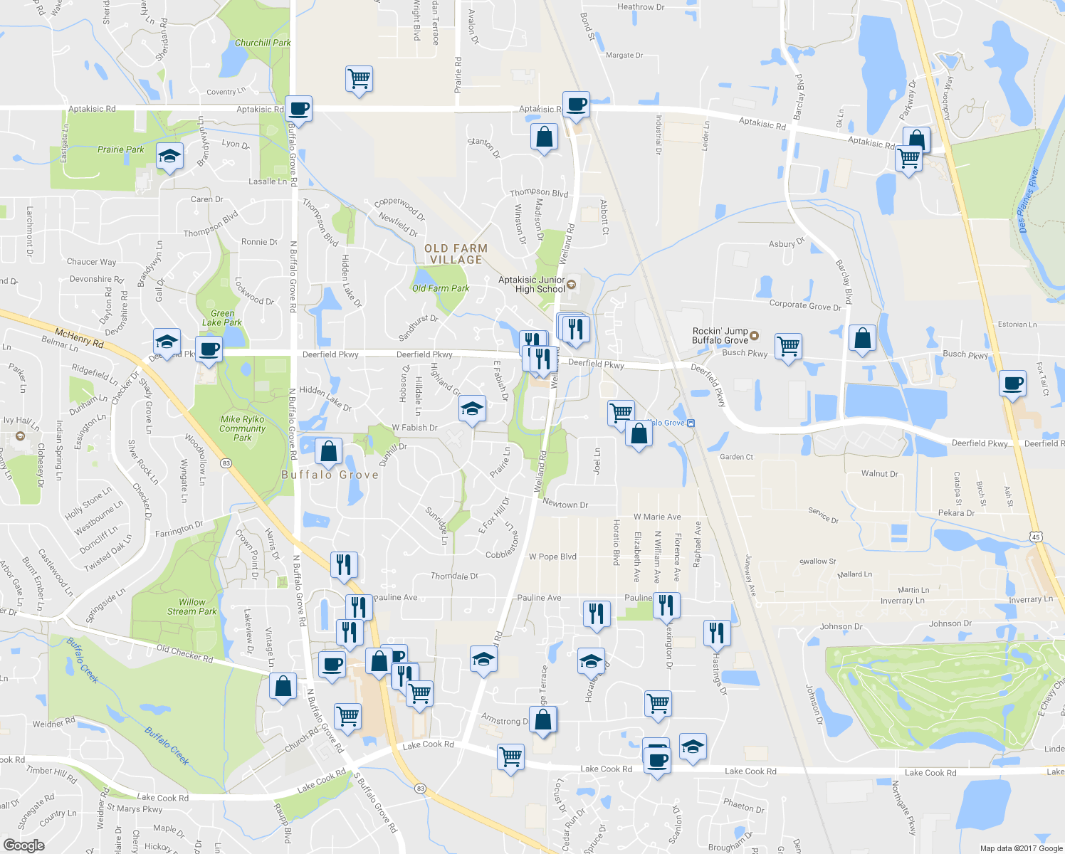 map of restaurants, bars, coffee shops, grocery stores, and more near 346 Bentley Place in Buffalo Grove