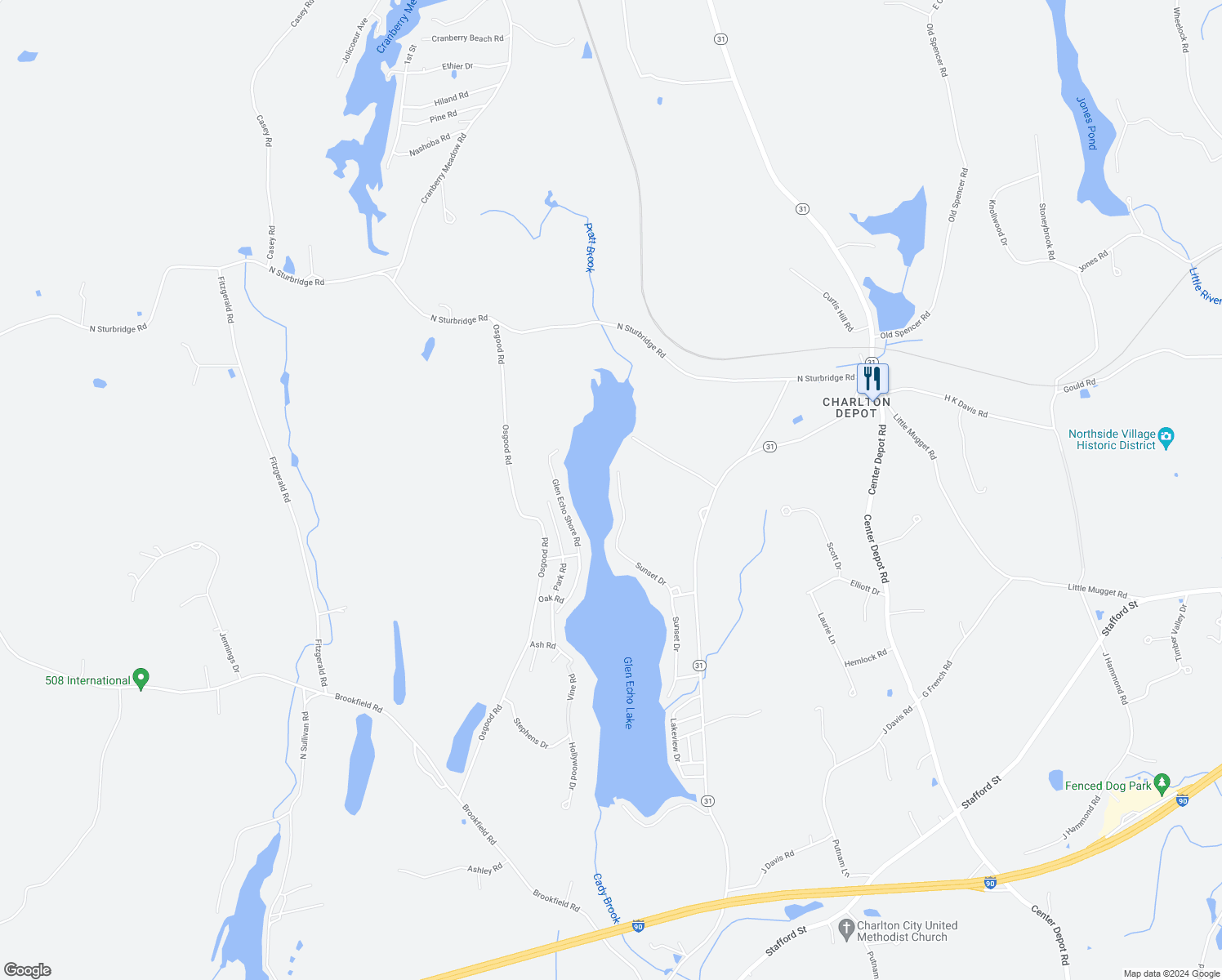 map of restaurants, bars, coffee shops, grocery stores, and more near 199 Sunset Drive in Charlton