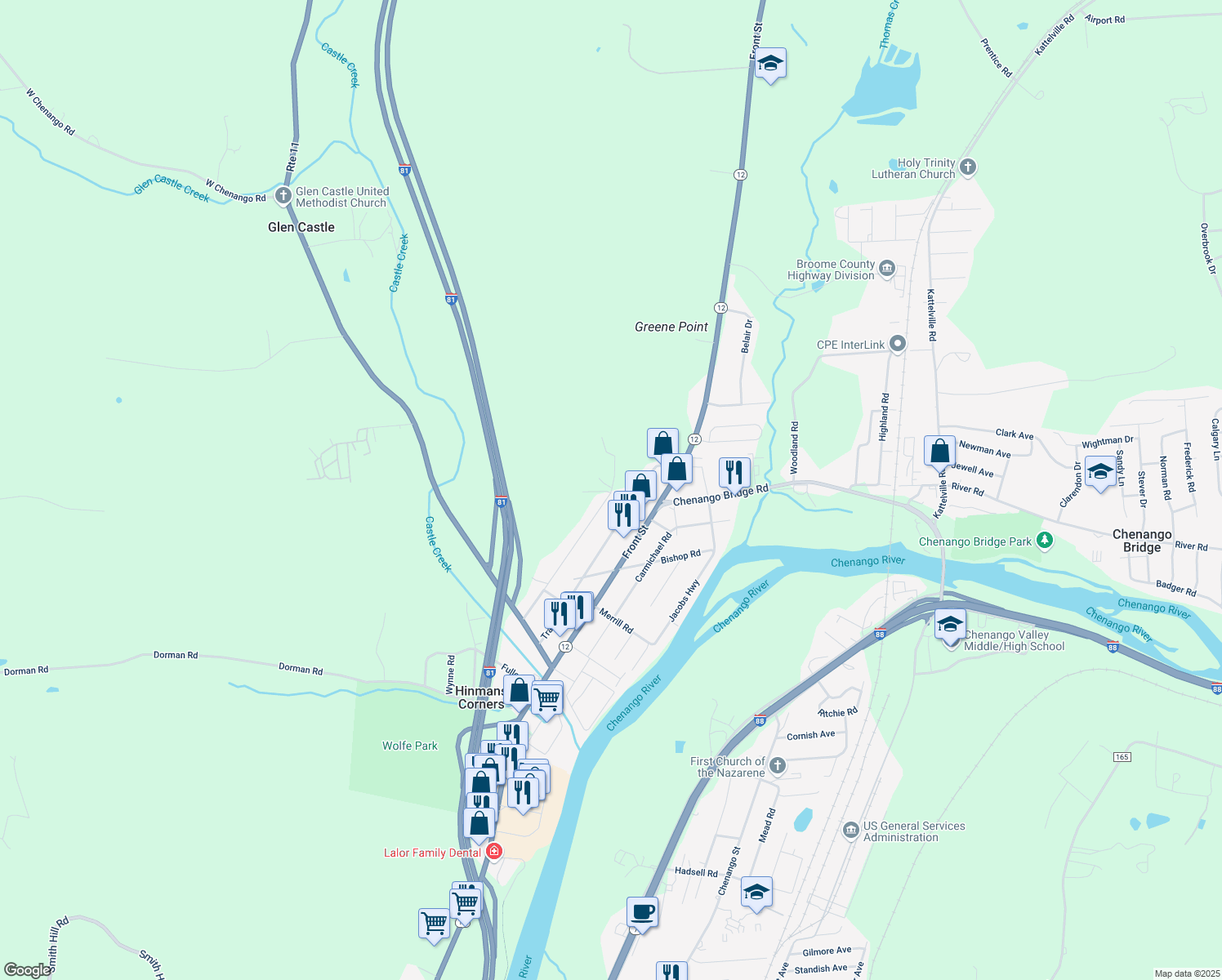 map of restaurants, bars, coffee shops, grocery stores, and more near 171 Savitch Rd in Binghamton