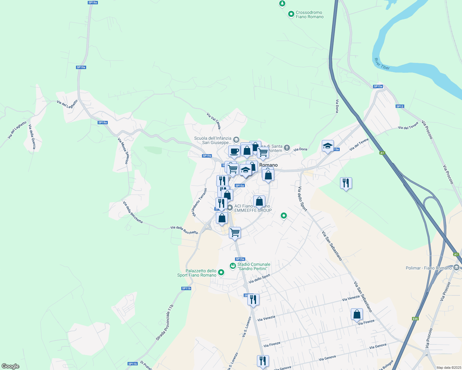 map of restaurants, bars, coffee shops, grocery stores, and more near 87 Via Tiberina in Fiano Romano