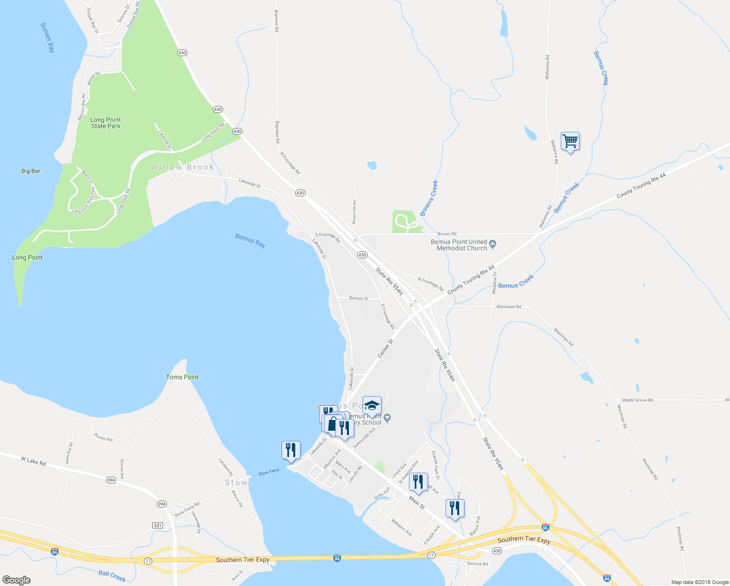 map of restaurants, bars, coffee shops, grocery stores, and more near 19 Bemus Street in Bemus Point