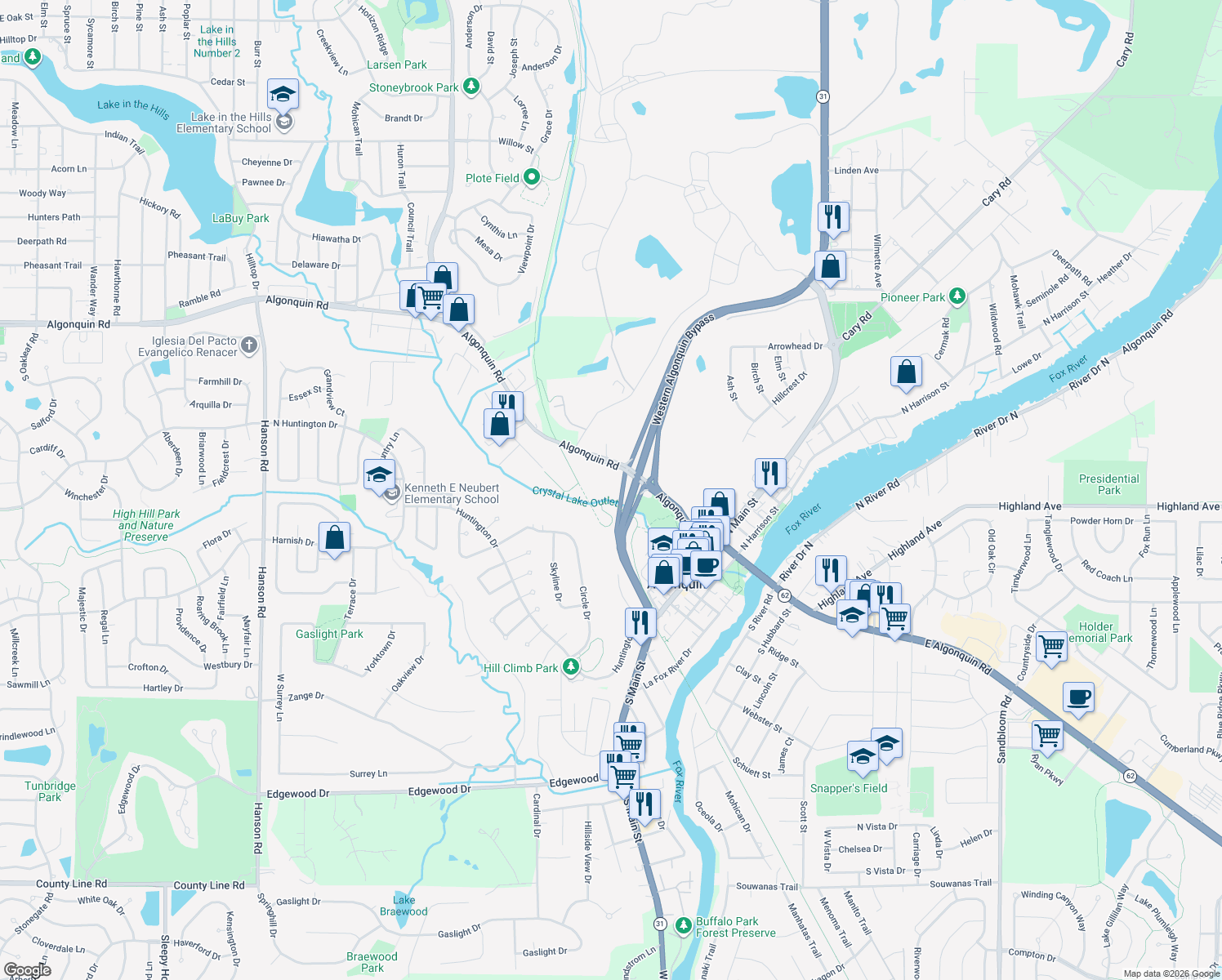 map of restaurants, bars, coffee shops, grocery stores, and more near 801 West Algonquin Road in Algonquin