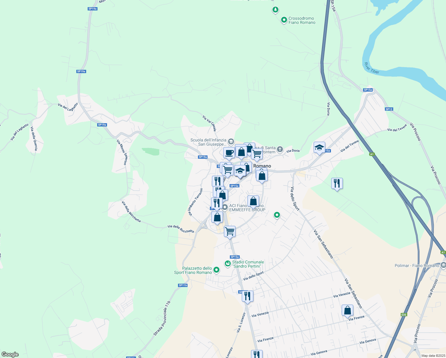 map of restaurants, bars, coffee shops, grocery stores, and more near 22 Via Aldo Moro in Fiano Romano