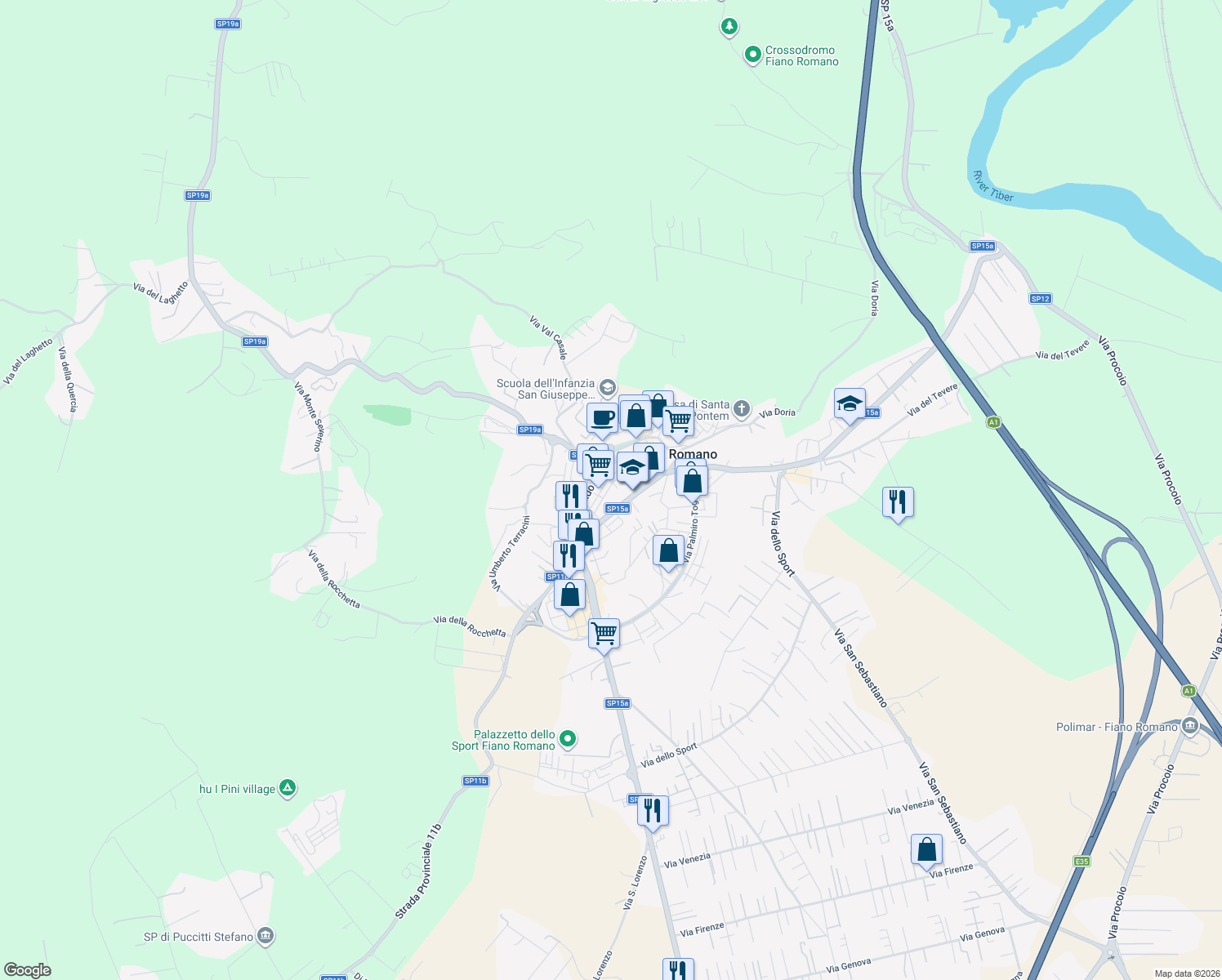 map of restaurants, bars, coffee shops, grocery stores, and more near 43 F.Turati in Fiano Romano