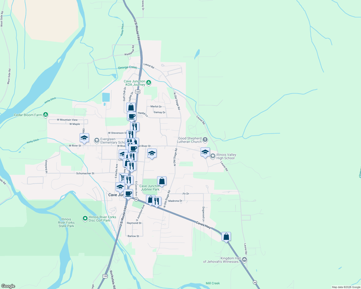 map of restaurants, bars, coffee shops, grocery stores, and more near 212 Honeybee Ln in Cave Junction