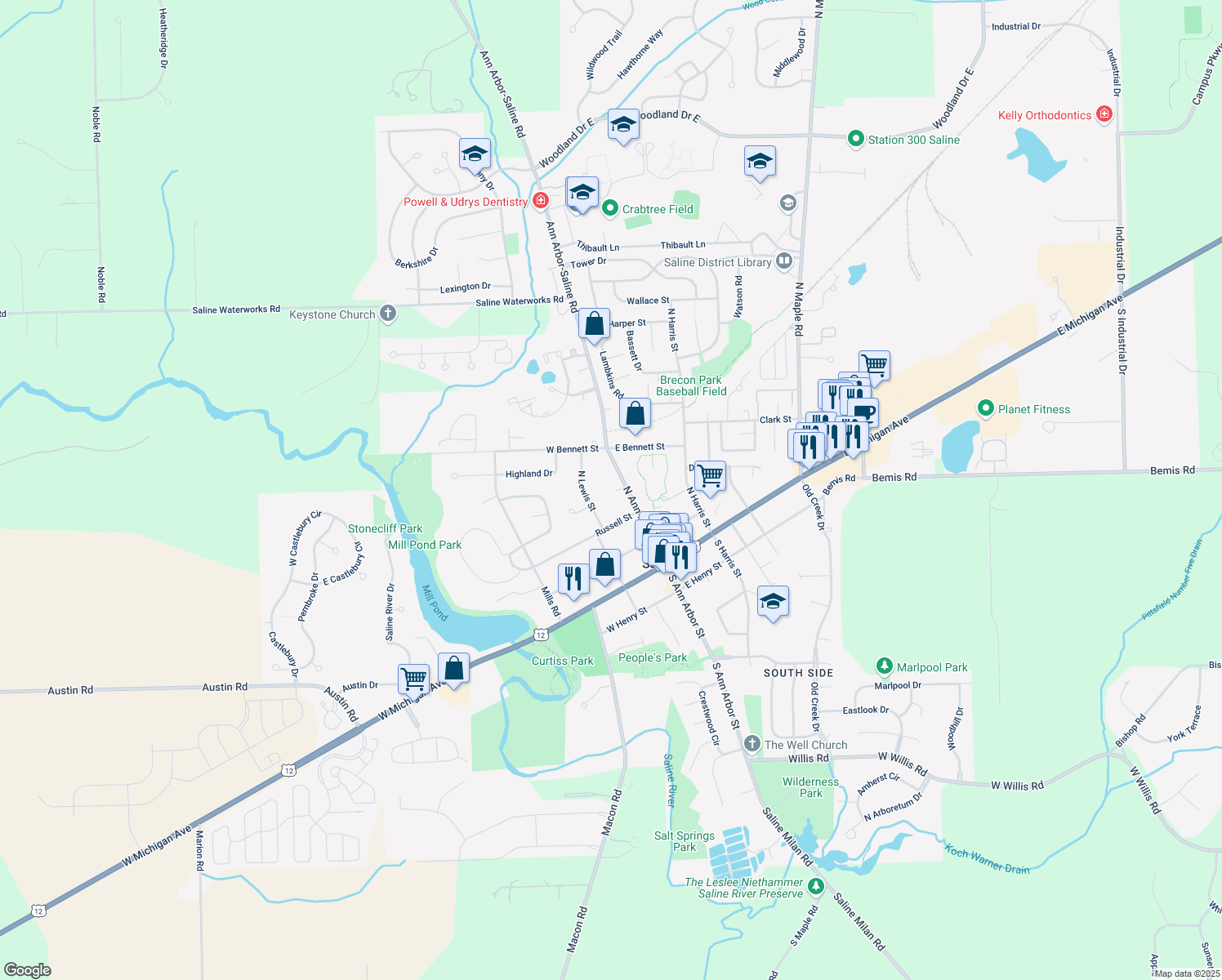 map of restaurants, bars, coffee shops, grocery stores, and more near 313 North Ann Arbor Street in Saline