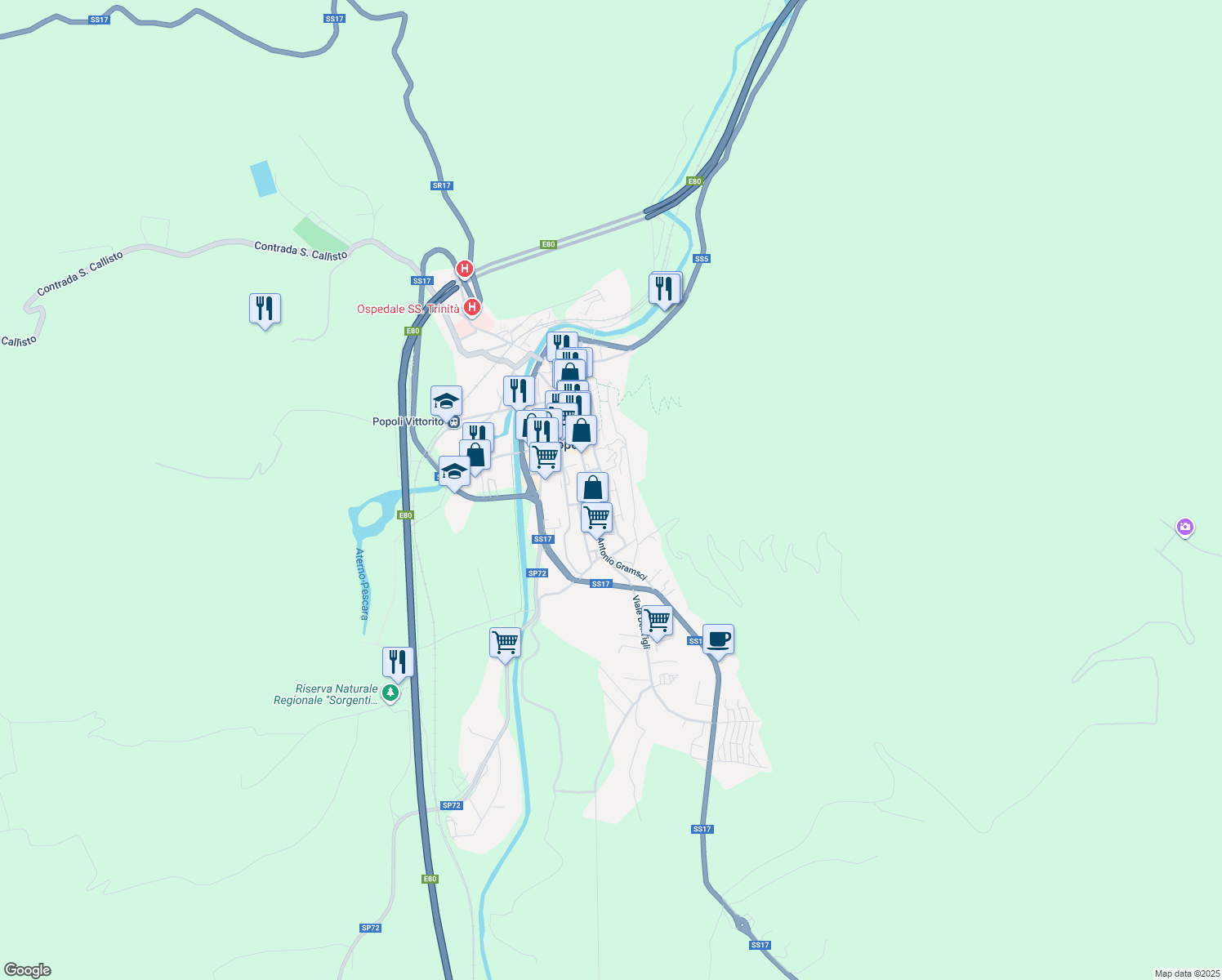 map of restaurants, bars, coffee shops, grocery stores, and more near 5 Vico 2 in Popoli