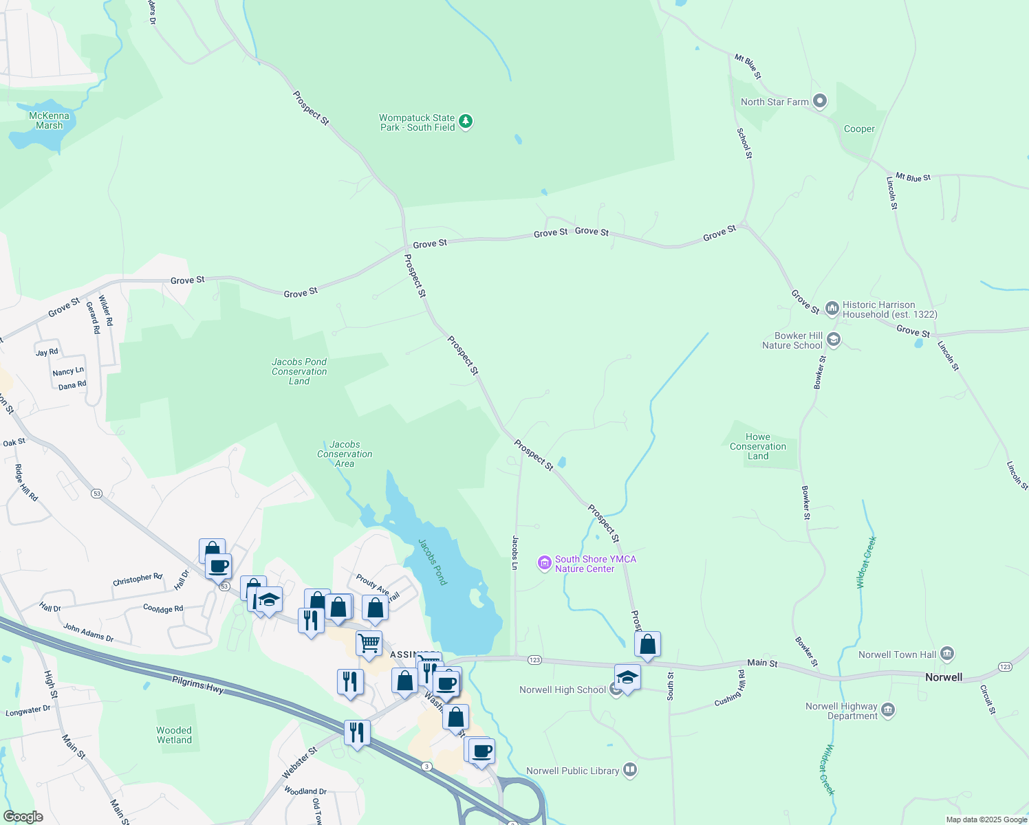map of restaurants, bars, coffee shops, grocery stores, and more near 34 Captain Joshua Lane in Norwell