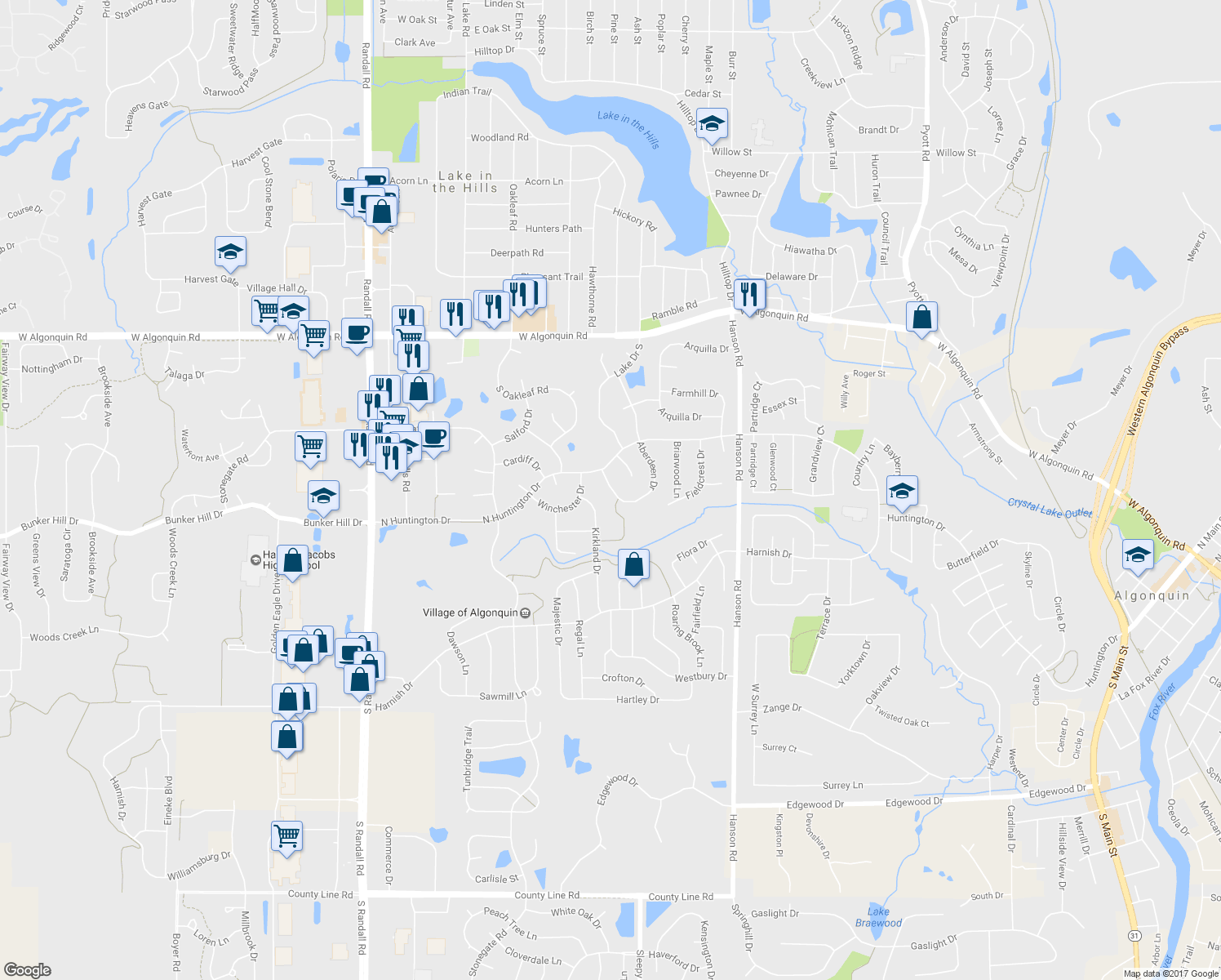 map of restaurants, bars, coffee shops, grocery stores, and more near 385 Aberdeen Drive in Algonquin