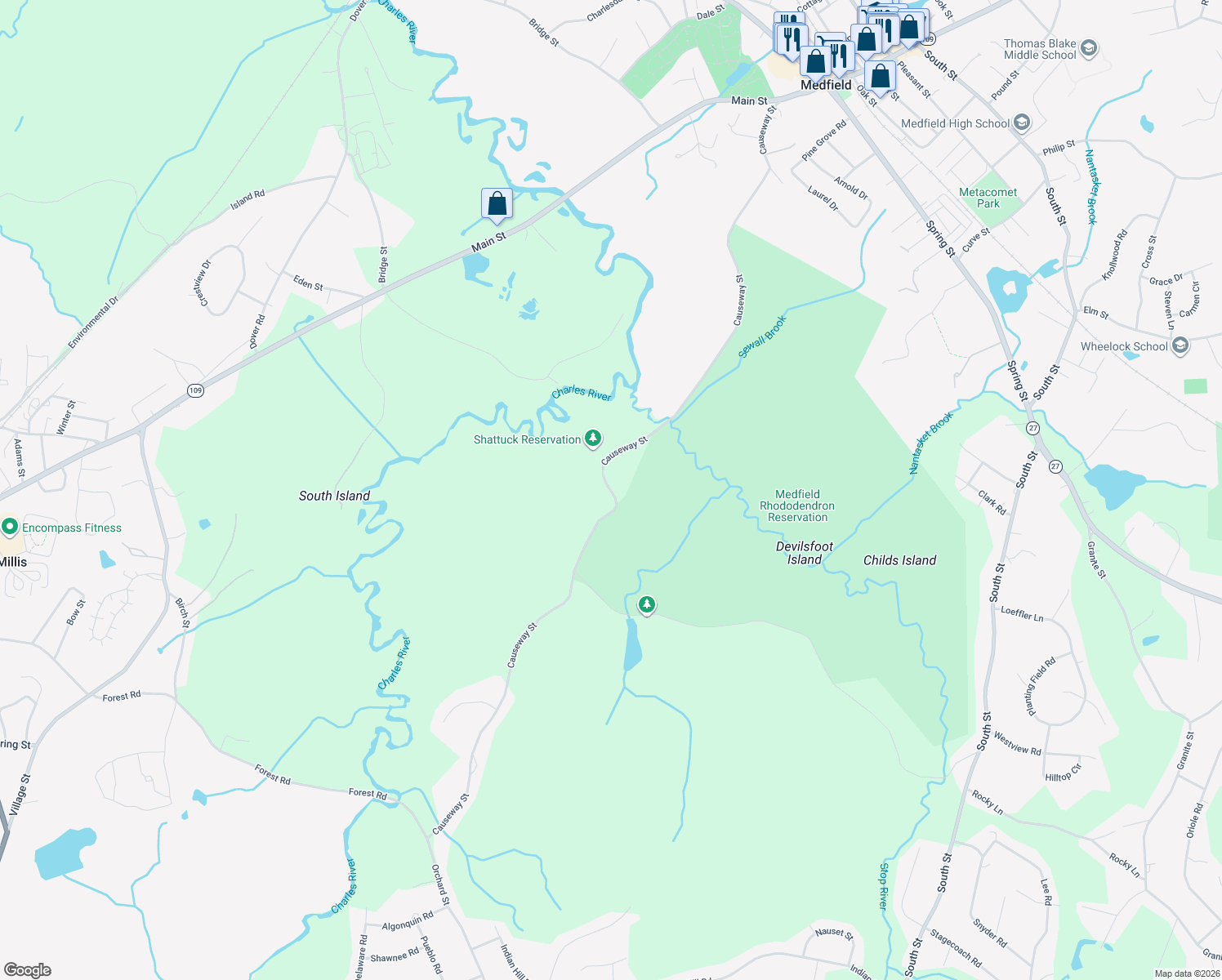 map of restaurants, bars, coffee shops, grocery stores, and more near 136 Causeway Street in Medfield