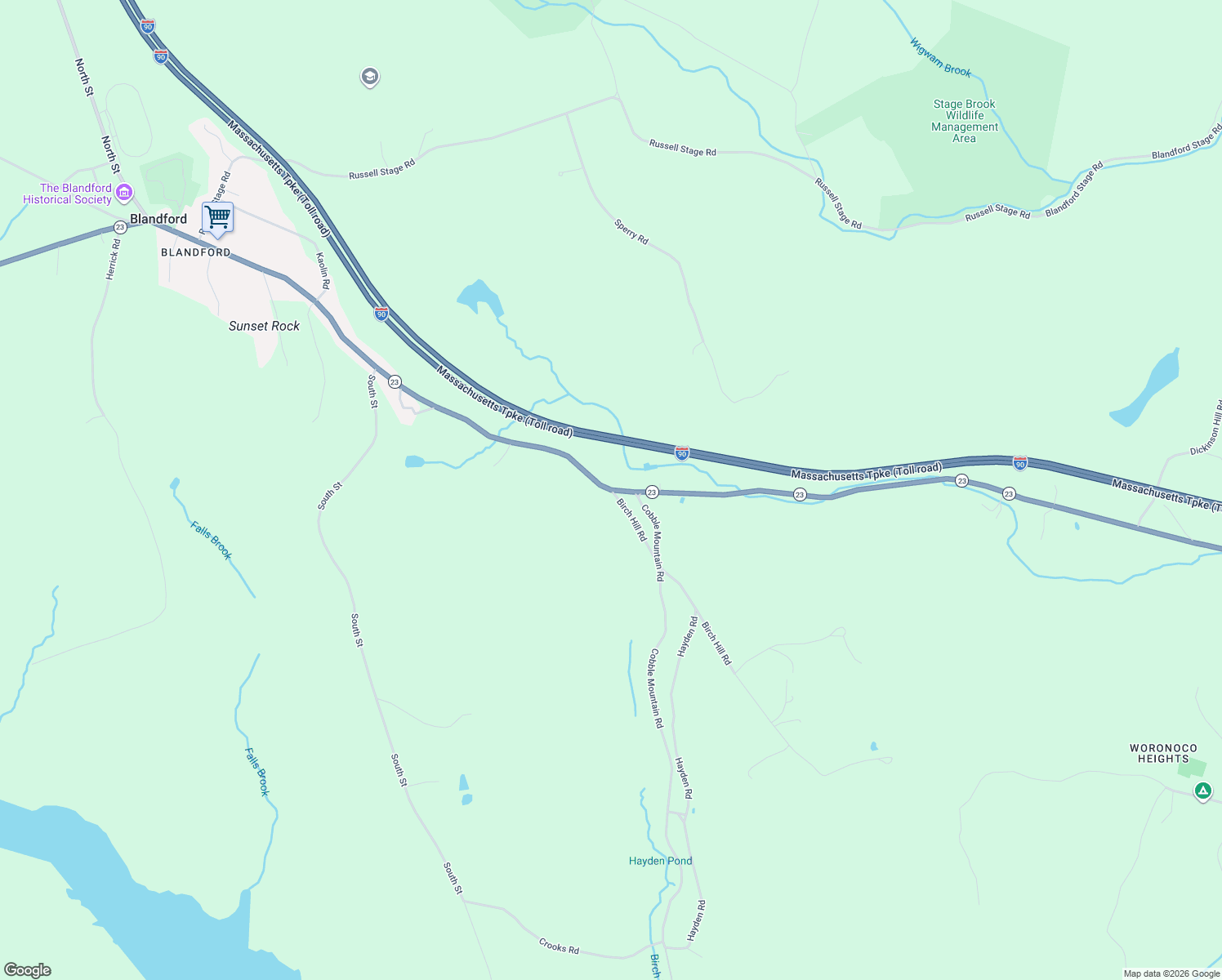 map of restaurants, bars, coffee shops, grocery stores, and more near 33 Woronoco Road in Blandford