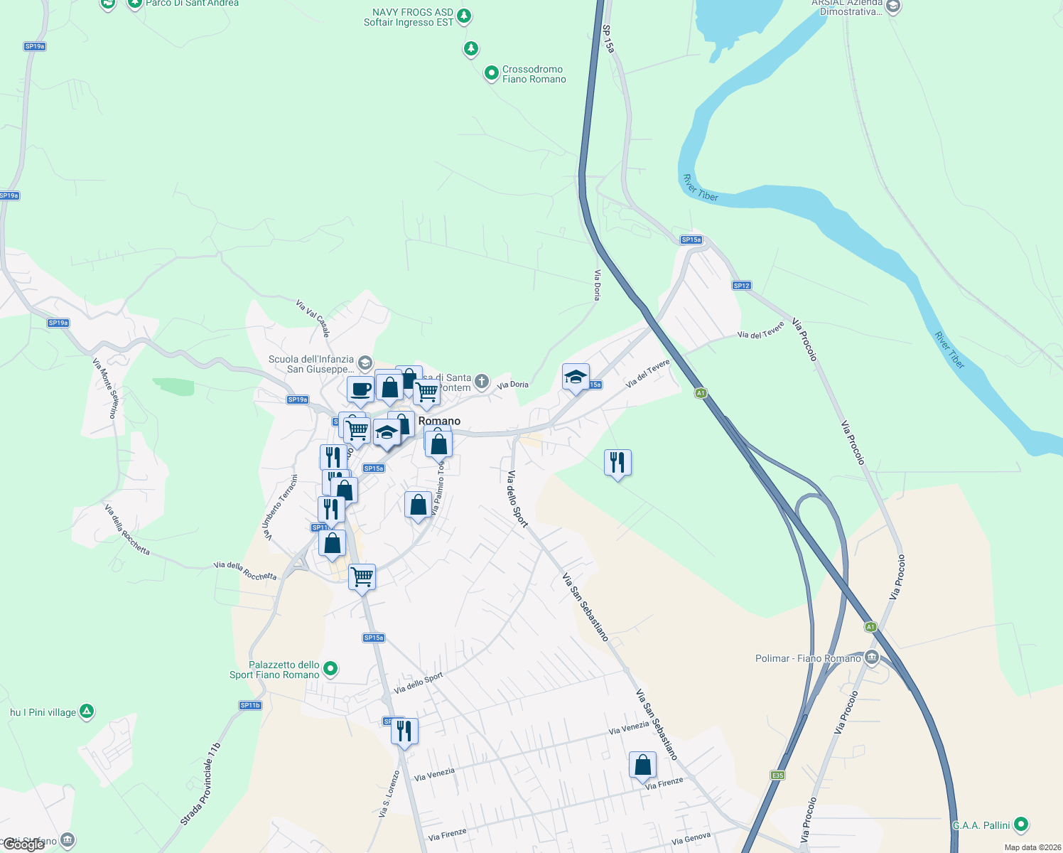 map of restaurants, bars, coffee shops, grocery stores, and more near 23 Via Enrico Fermi in Fiano Romano
