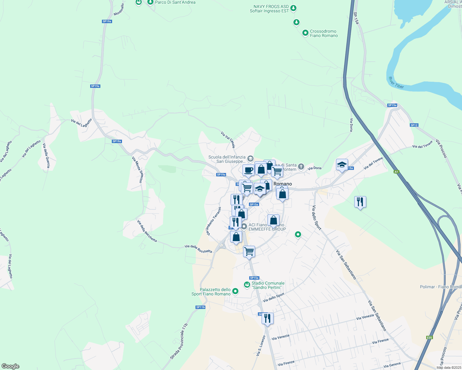 map of restaurants, bars, coffee shops, grocery stores, and more near 5 Via di Valle Perugina in Fiano Romano