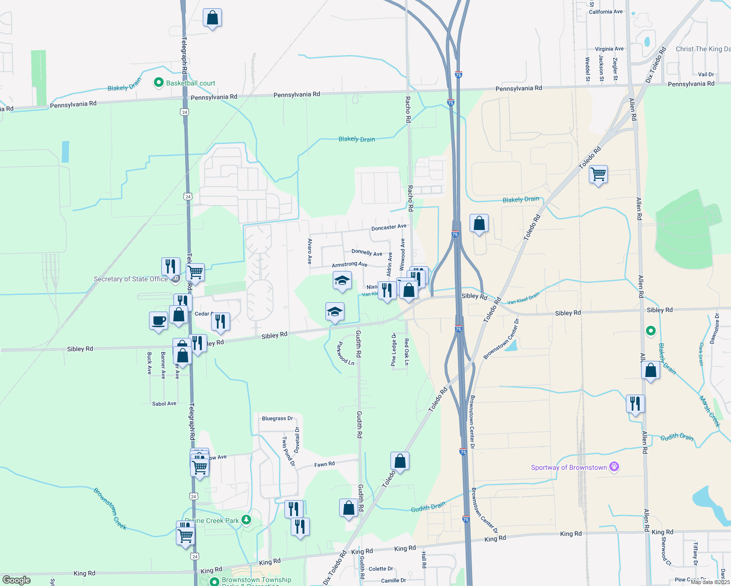 map of restaurants, bars, coffee shops, grocery stores, and more near 22363 Nixon Avenue in Brownstown Charter Township