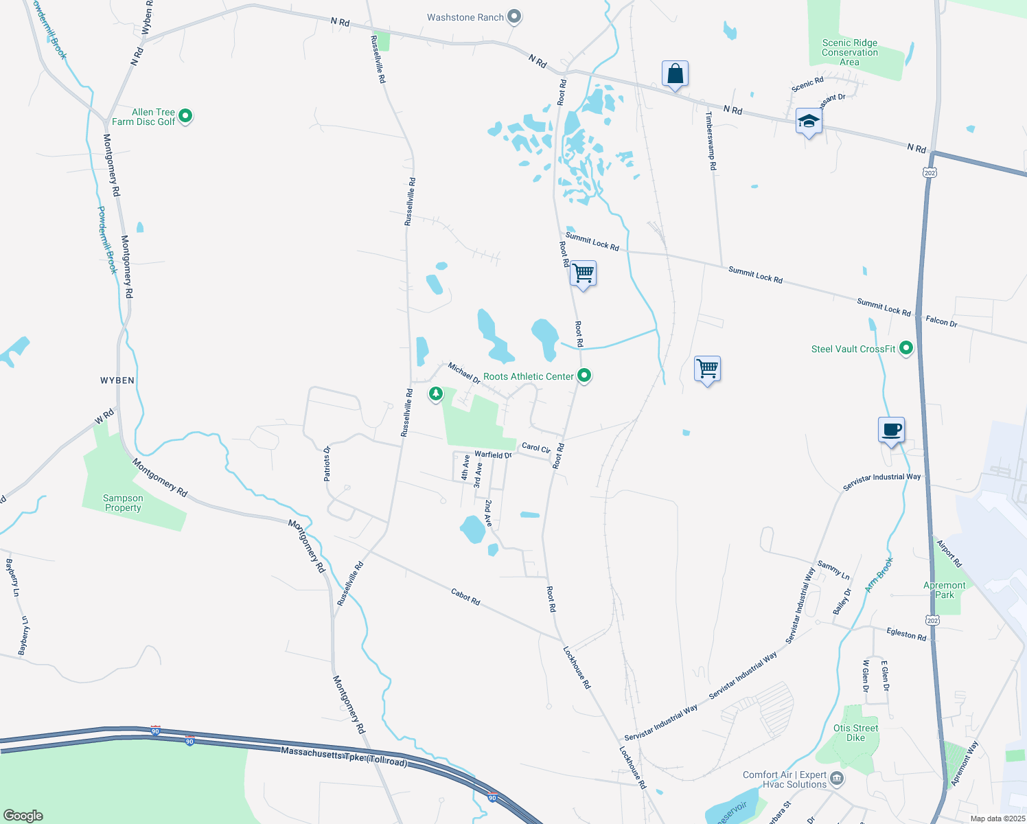 map of restaurants, bars, coffee shops, grocery stores, and more near 80 Woodsong Road in Westfield