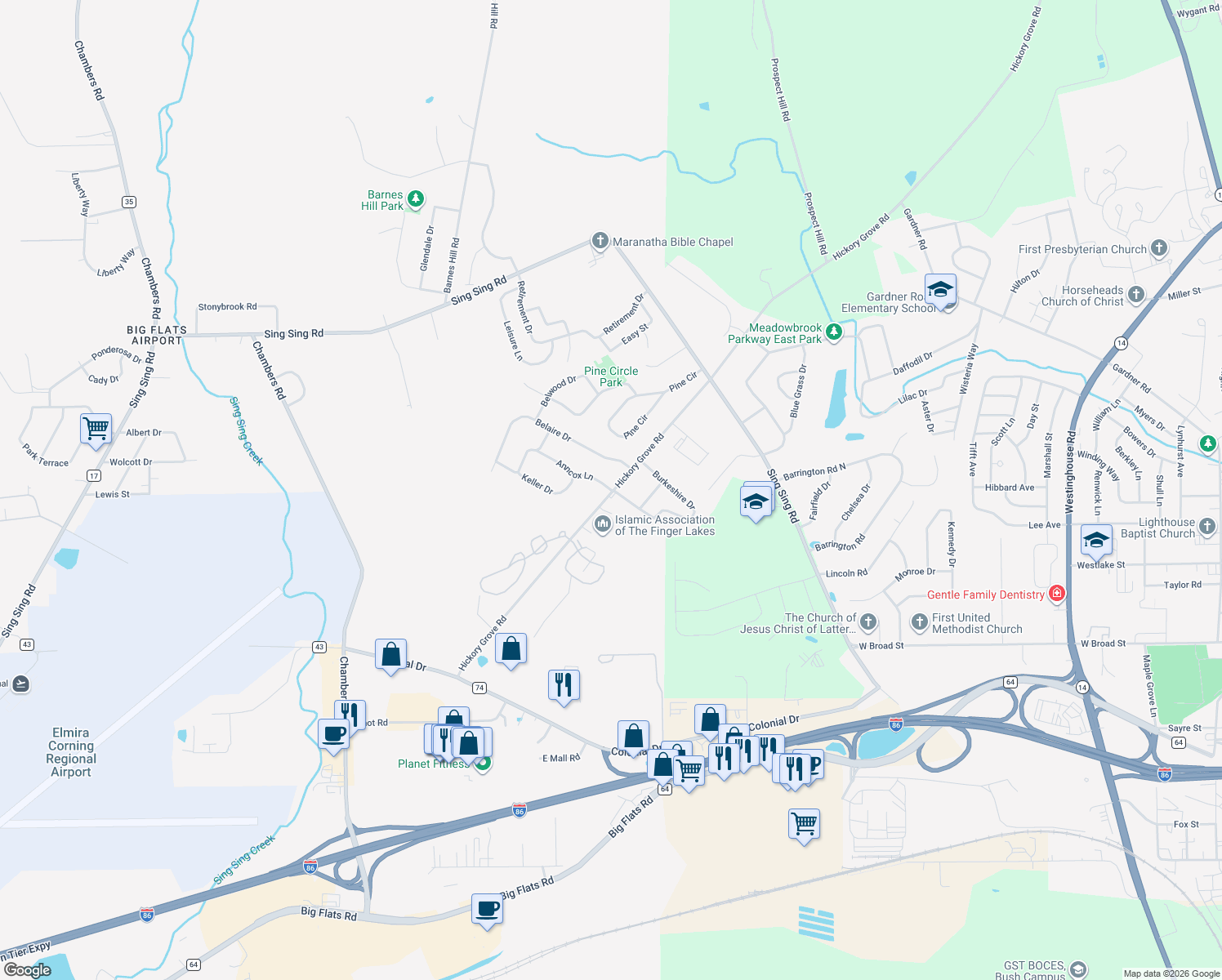 map of restaurants, bars, coffee shops, grocery stores, and more near 46 Anncox Ln in Horseheads