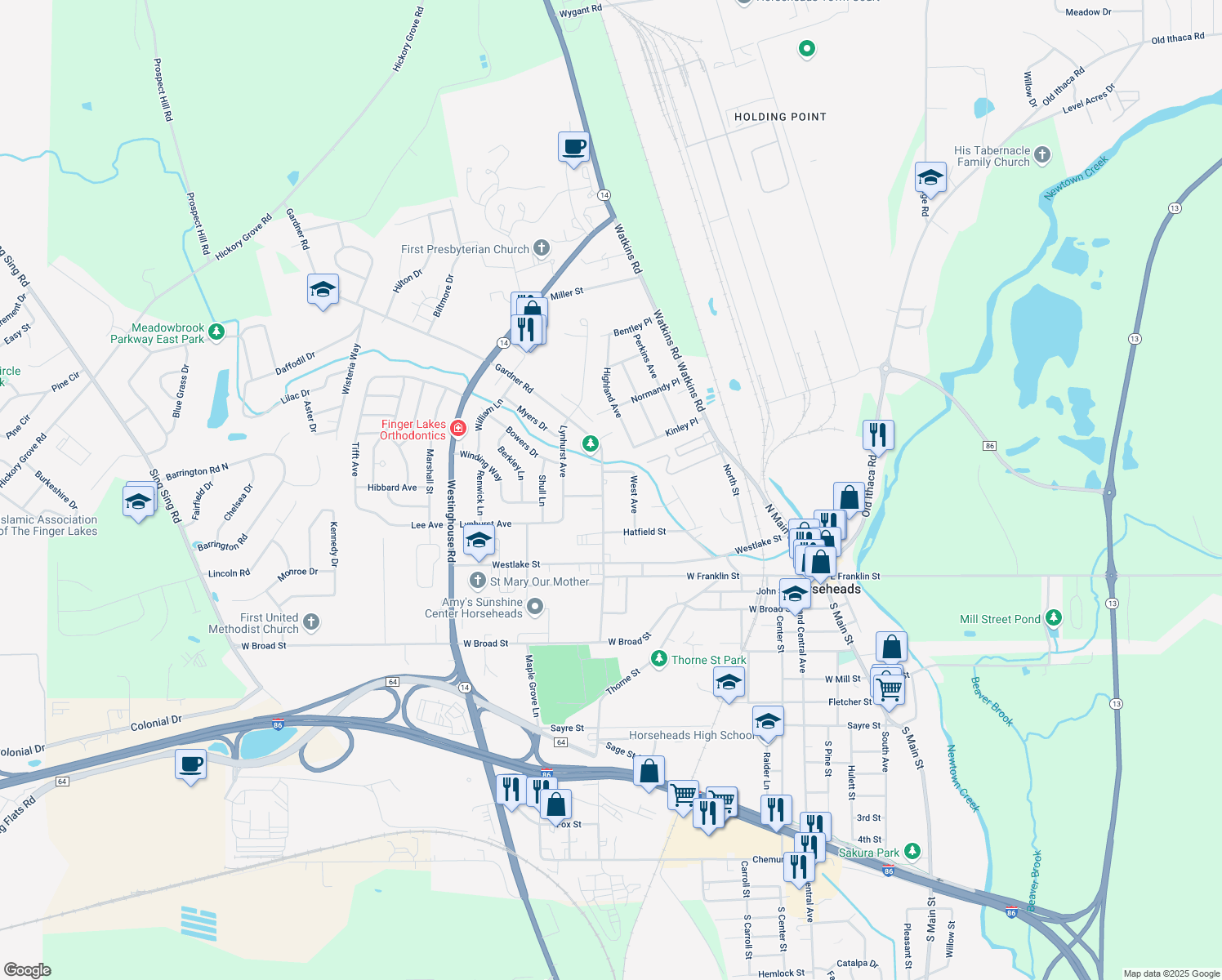 map of restaurants, bars, coffee shops, grocery stores, and more near 326 Gardner Road in Horseheads