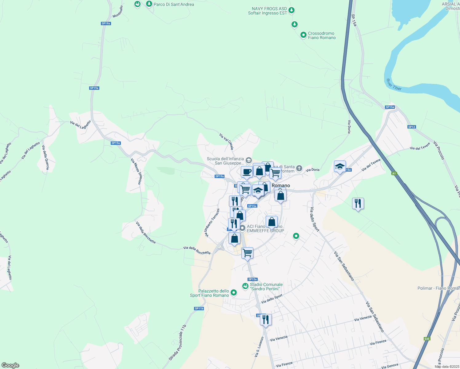 map of restaurants, bars, coffee shops, grocery stores, and more near 5 Via di Valle Perugina in Fiano Romano