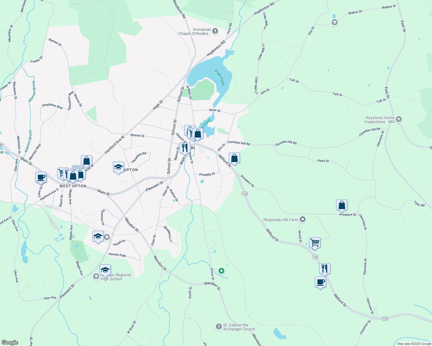 map of restaurants, bars, coffee shops, grocery stores, and more near 14 Picadilly Street in Upton