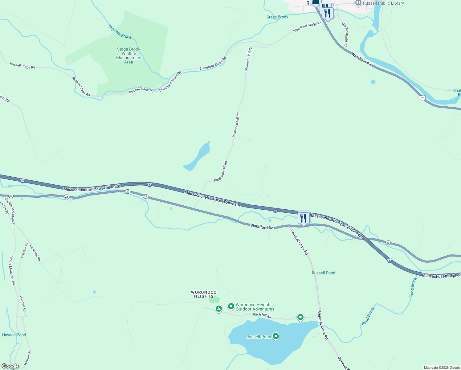 map of restaurants, bars, coffee shops, grocery stores, and more near 53 Timberidge Dr in Russell