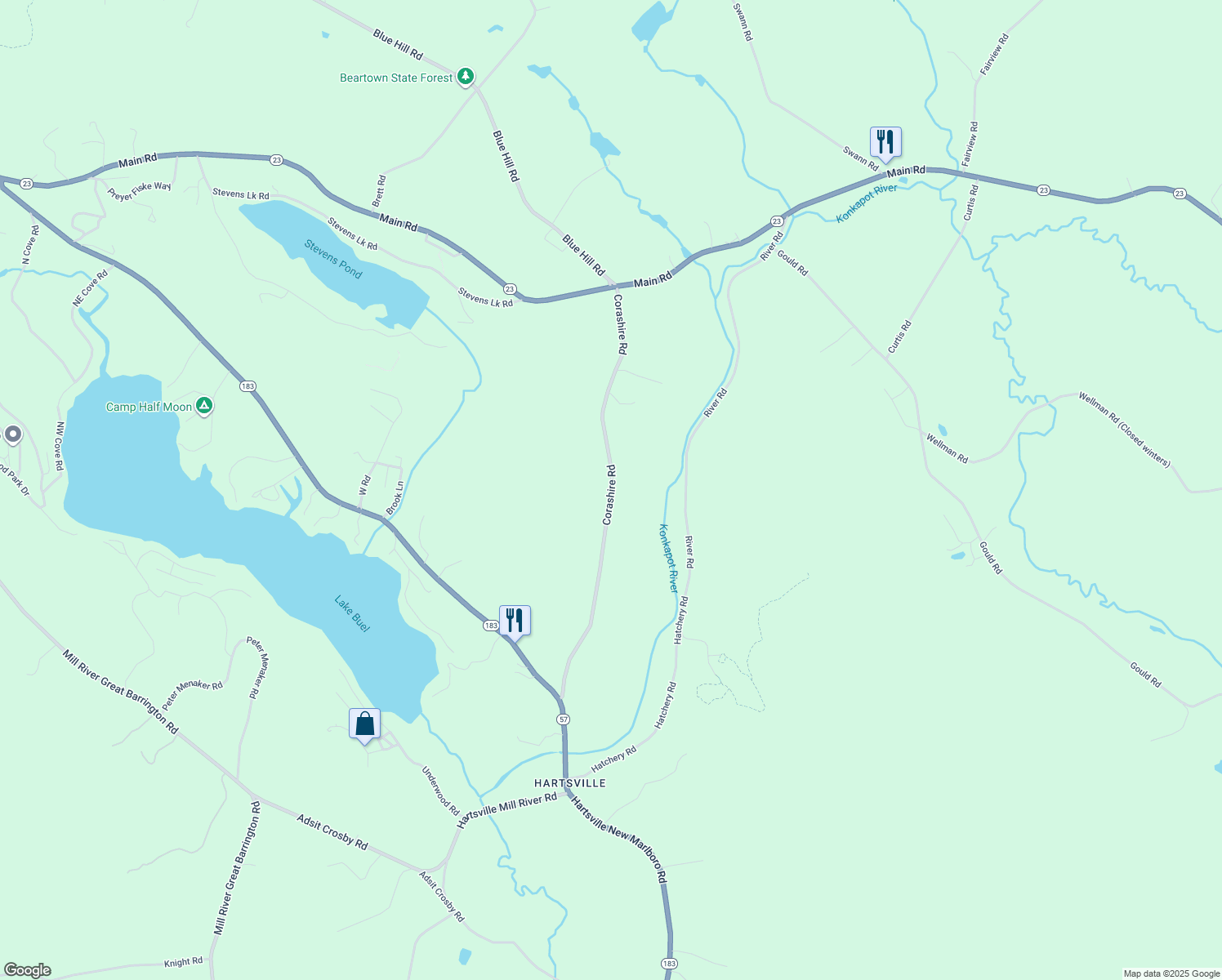 map of restaurants, bars, coffee shops, grocery stores, and more near 69 Corashire Road in New Marlborough