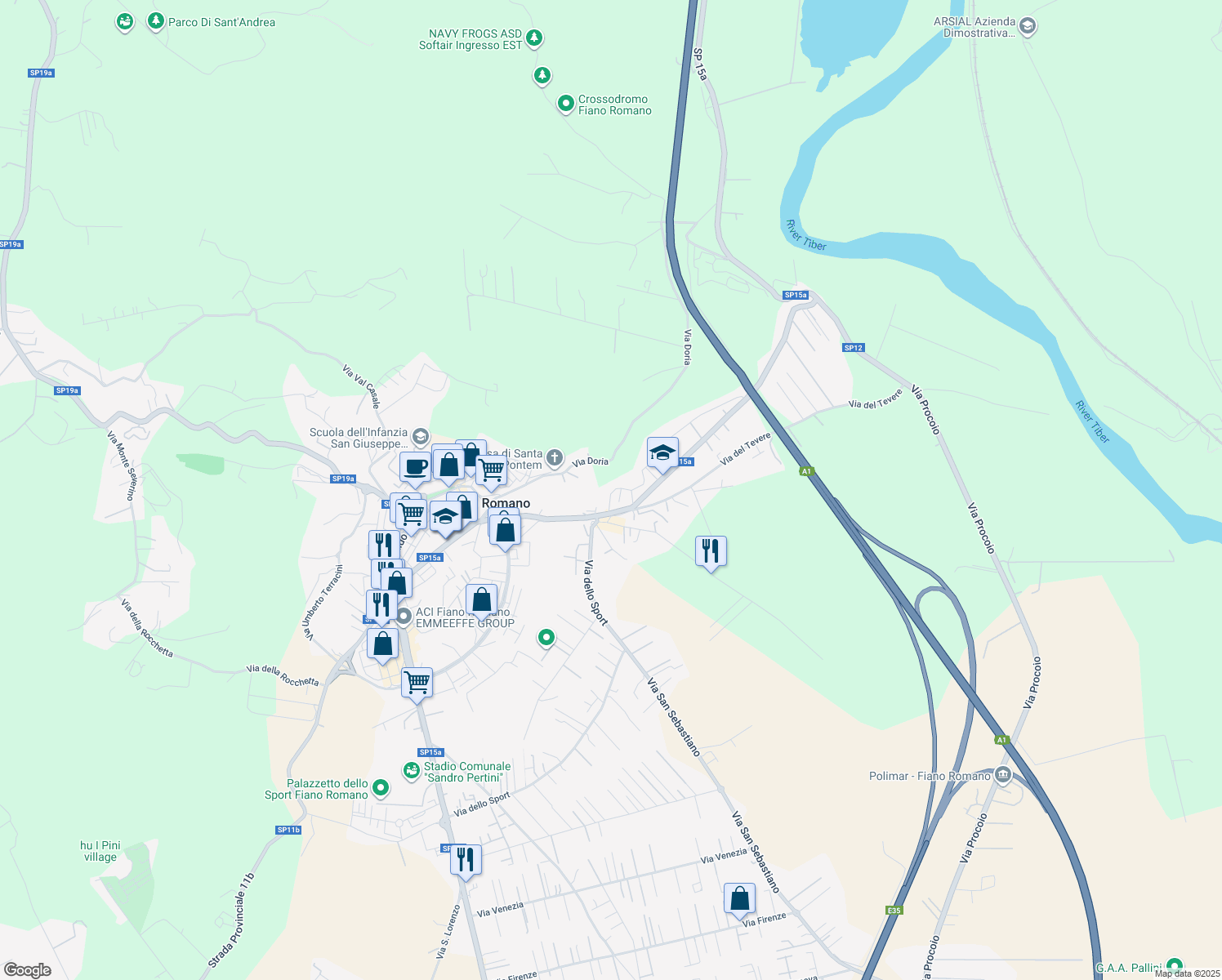 map of restaurants, bars, coffee shops, grocery stores, and more near 23 Via Enrico Fermi in Fiano Romano