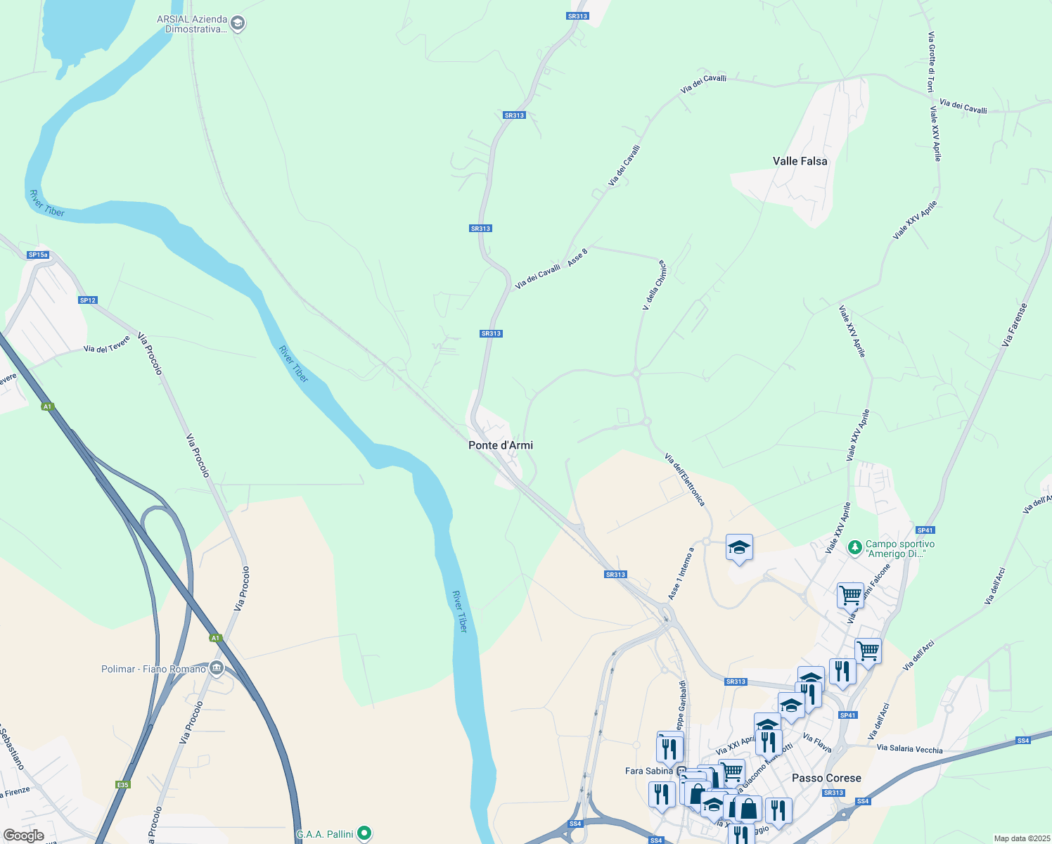 map of restaurants, bars, coffee shops, grocery stores, and more near Viale Europa in Provincia di Rieti