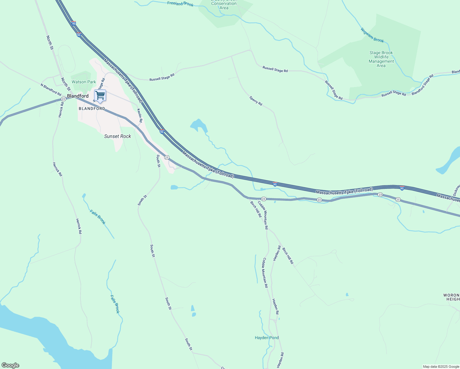 map of restaurants, bars, coffee shops, grocery stores, and more near Woronoco Road in Blandford