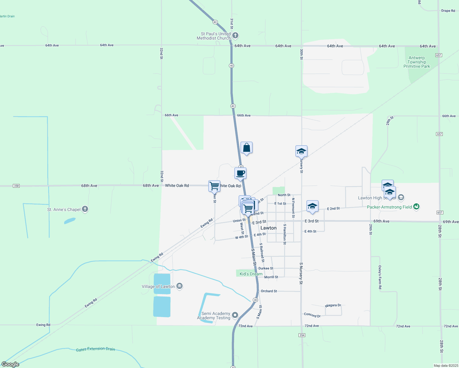 map of restaurants, bars, coffee shops, grocery stores, and more near 204 White Oak Road in Lawton