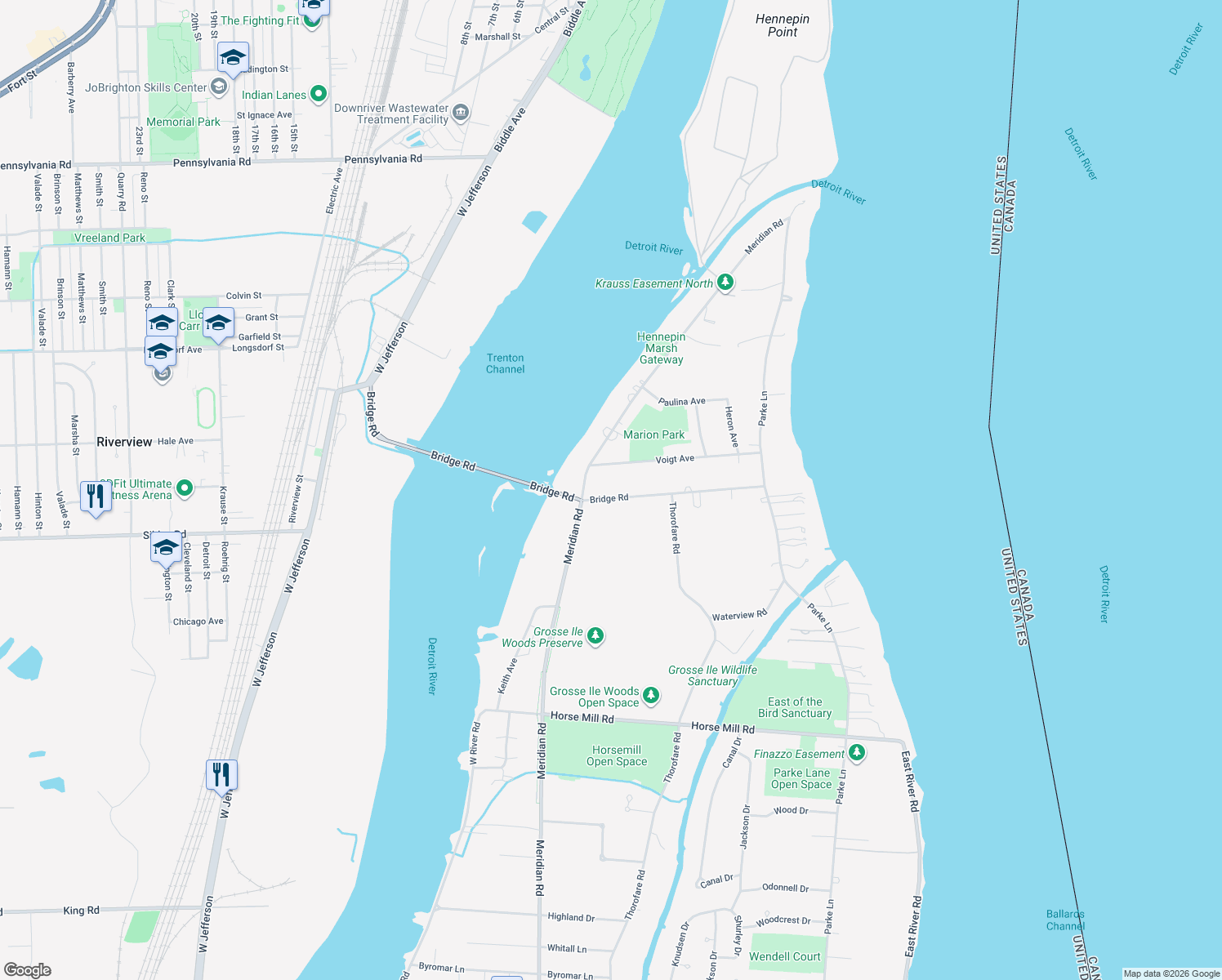 map of restaurants, bars, coffee shops, grocery stores, and more near 8998 Bridge Rd in Grosse Ile Township