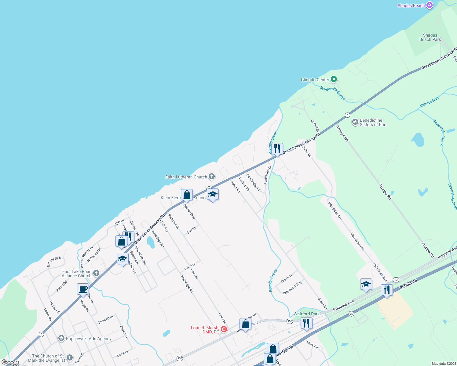 map of restaurants, bars, coffee shops, grocery stores, and more near 5453 E Lake Rd in Erie