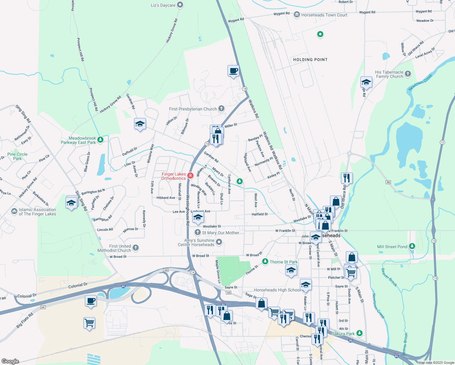map of restaurants, bars, coffee shops, grocery stores, and more near 407 Lynhurst Avenue in Horseheads