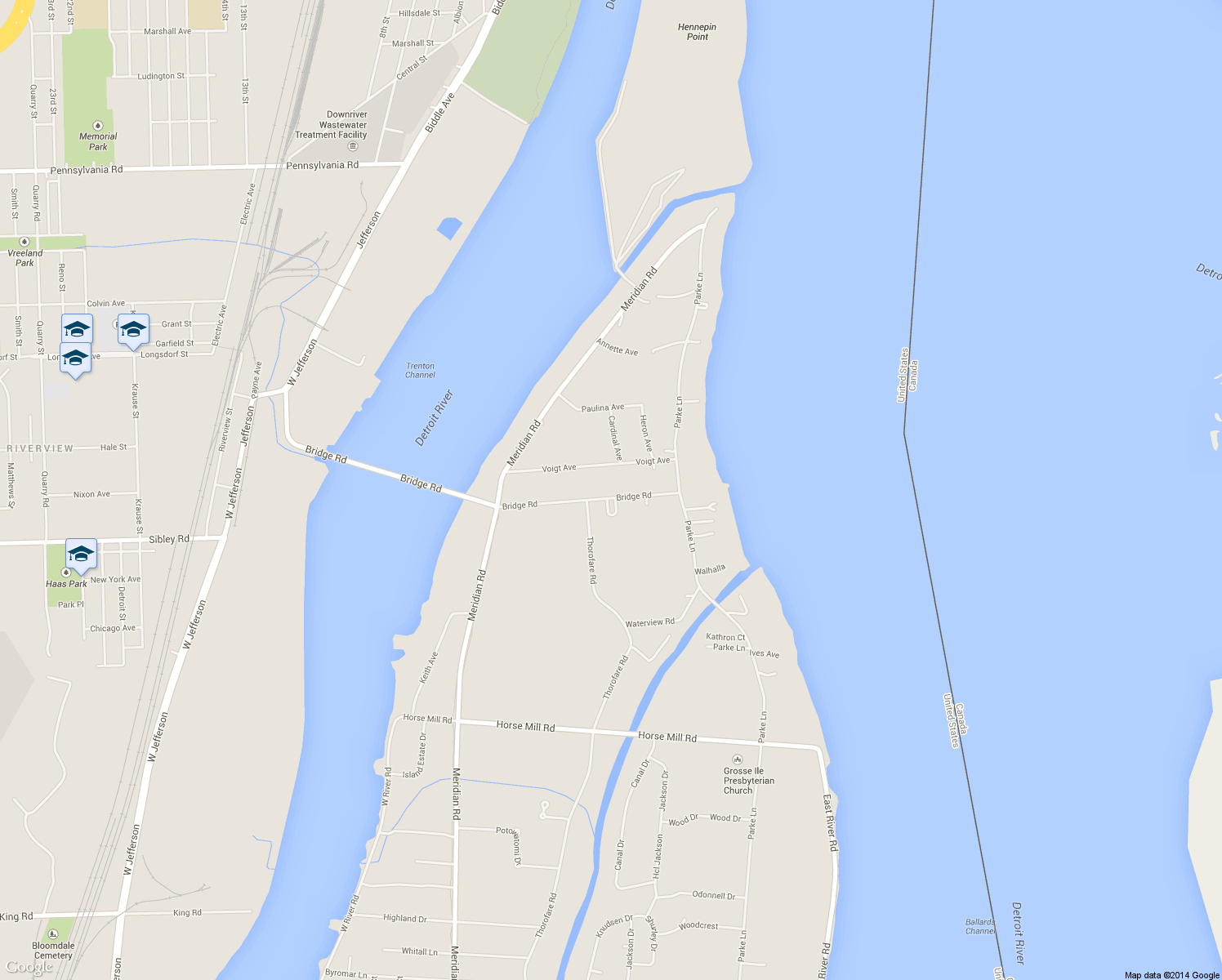map of restaurants, bars, coffee shops, grocery stores, and more near 8542 Bridge Road in Grosse Ile Township