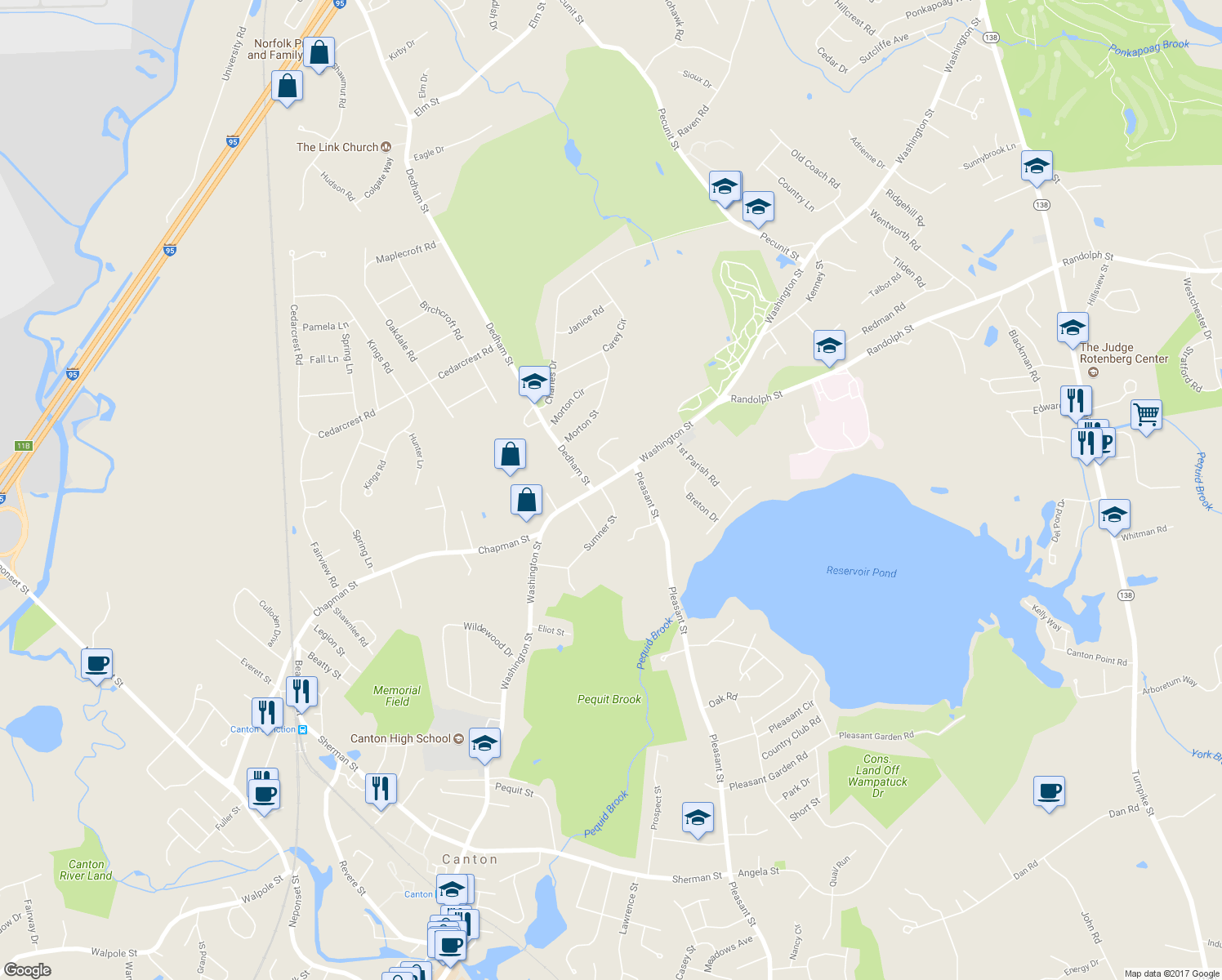 map of restaurants, bars, coffee shops, grocery stores, and more near 1395 Washington Street in Canton