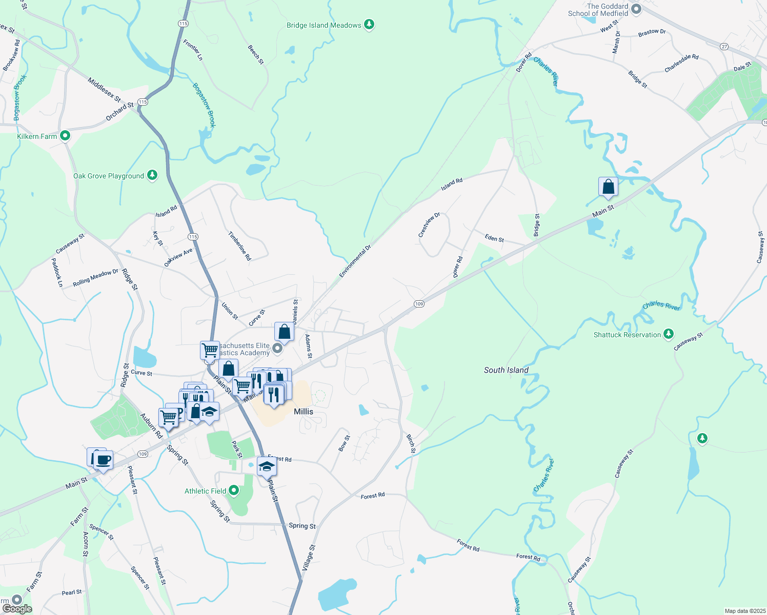 map of restaurants, bars, coffee shops, grocery stores, and more near 96 Cottage Avenue in Millis