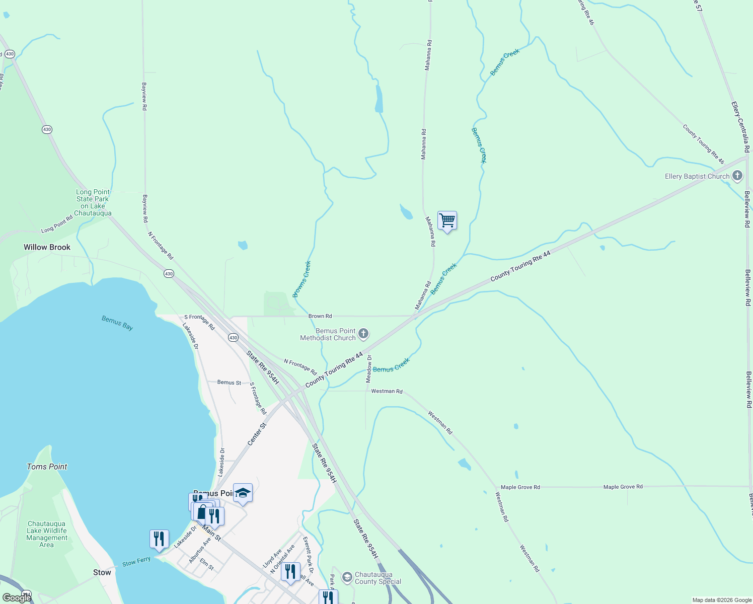 map of restaurants, bars, coffee shops, grocery stores, and more near 4880 Brown Road in Bemus Point