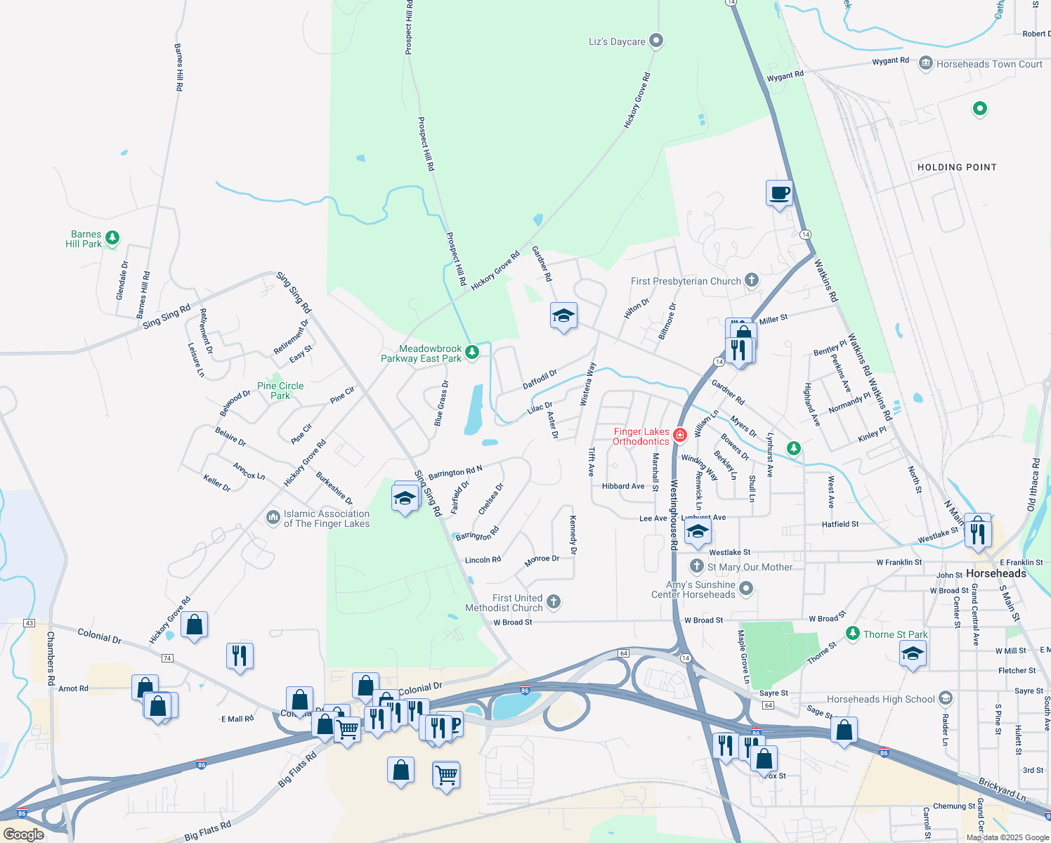map of restaurants, bars, coffee shops, grocery stores, and more near 141 Lilac Dr in Horseheads