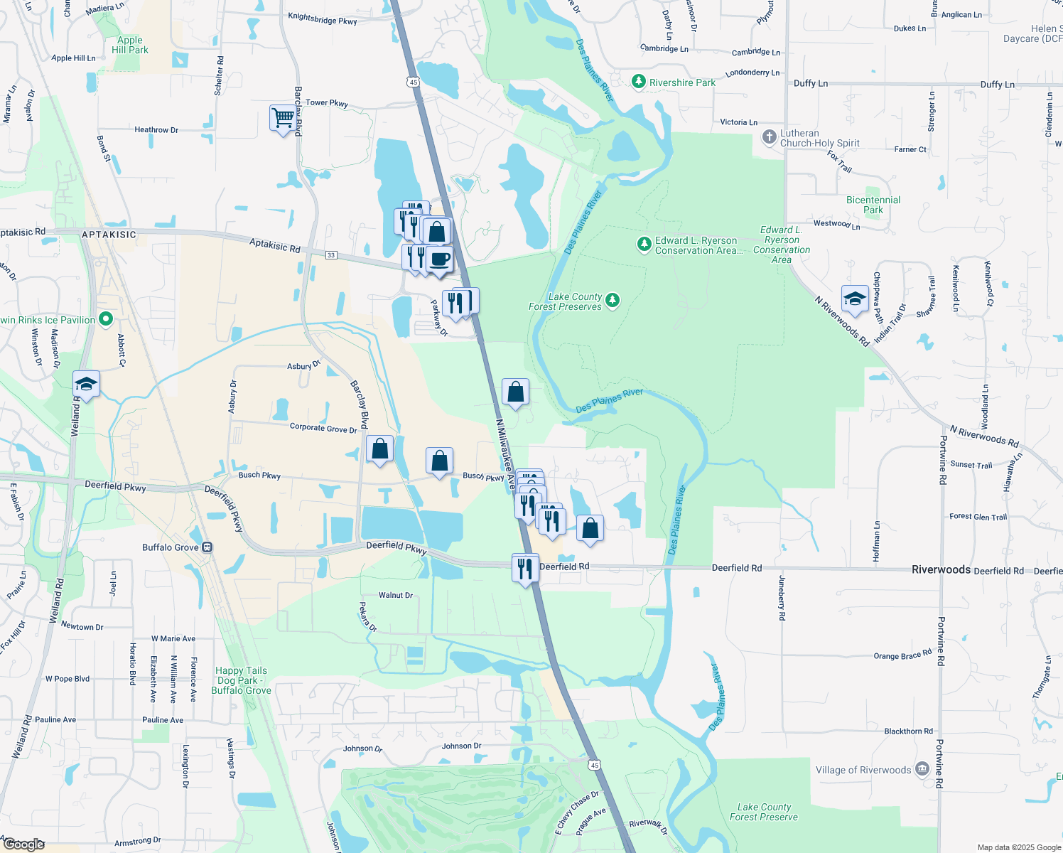 map of restaurants, bars, coffee shops, grocery stores, and more near 21423 Illinois 21 in Buffalo Grove