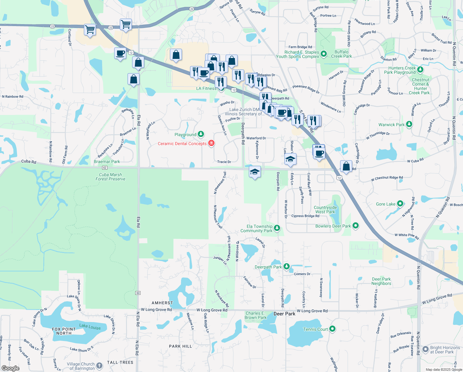 map of restaurants, bars, coffee shops, grocery stores, and more near 23332 Quail Court in Deer Park