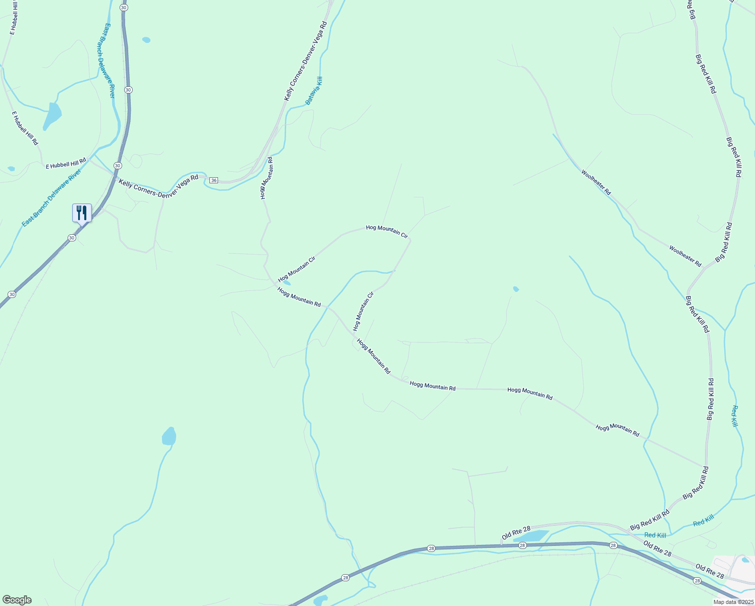 map of restaurants, bars, coffee shops, grocery stores, and more near 222 Hog Mountain Circle in Fleischmanns