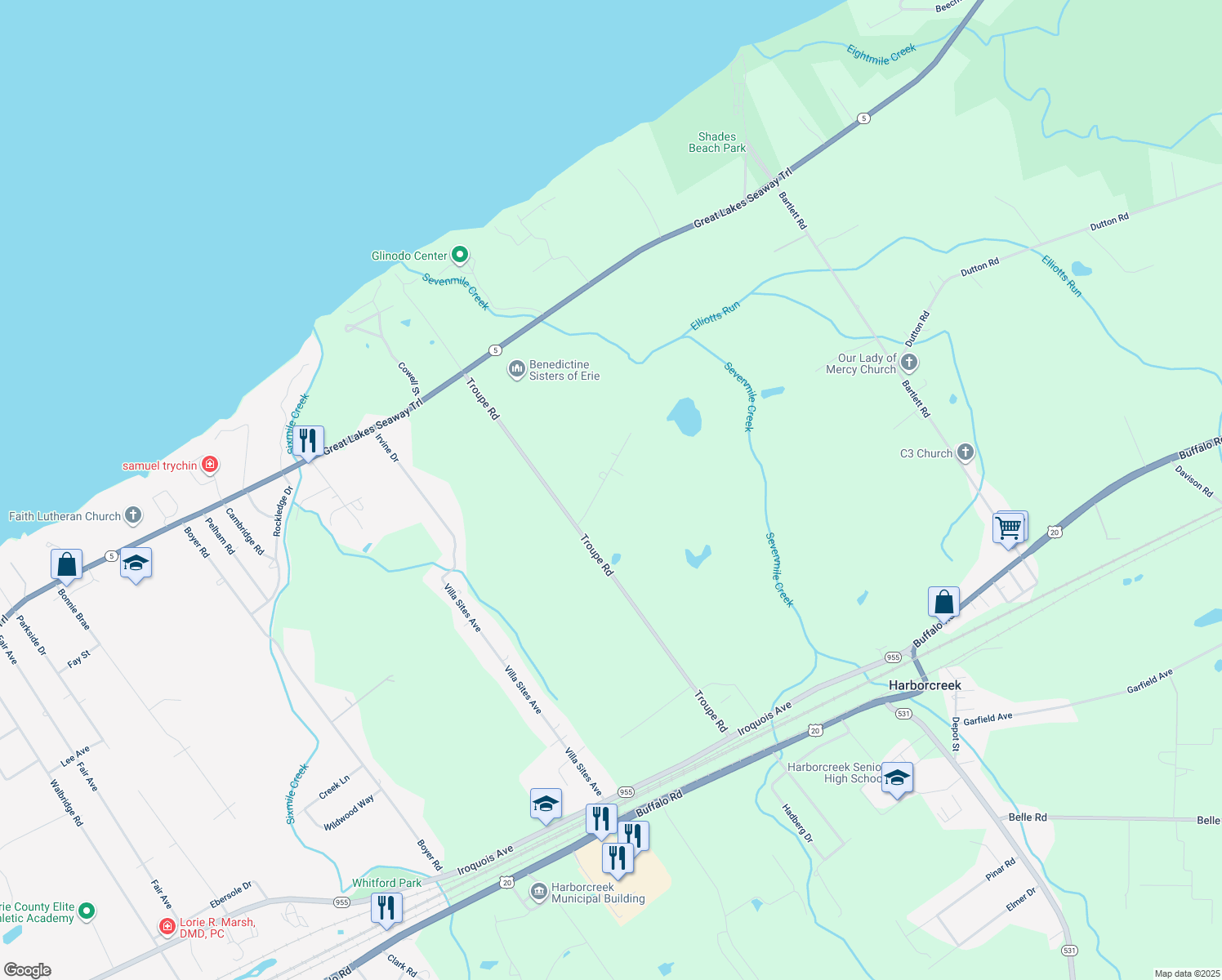 map of restaurants, bars, coffee shops, grocery stores, and more near 6111 Redwood Dr in Erie