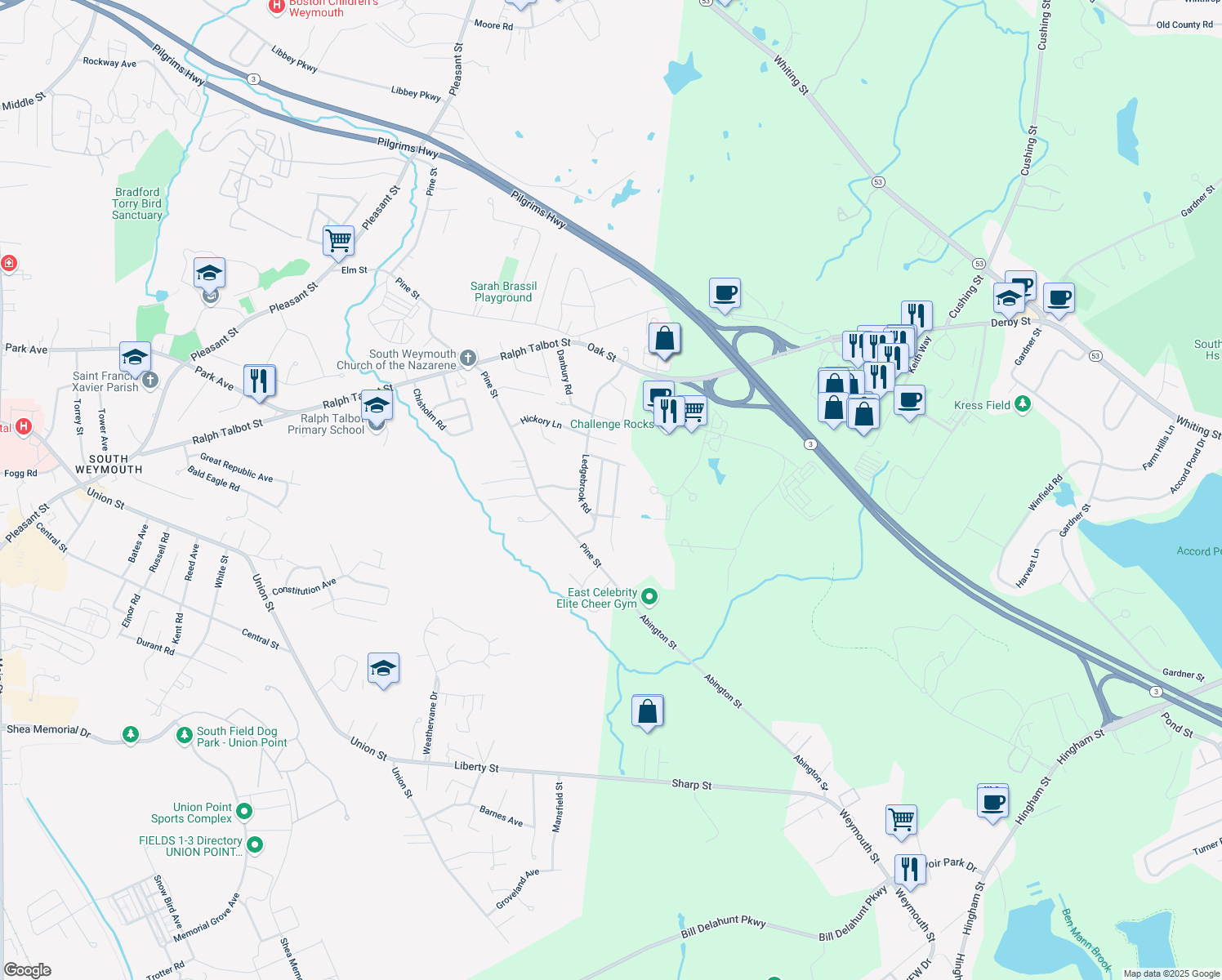 map of restaurants, bars, coffee shops, grocery stores, and more near 29 Edward Cody Lane in Weymouth
