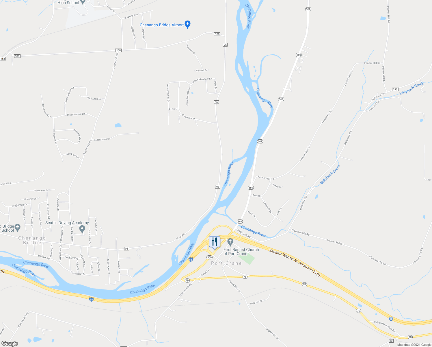 map of restaurants, bars, coffee shops, grocery stores, and more near 1161 River Road in Binghamton