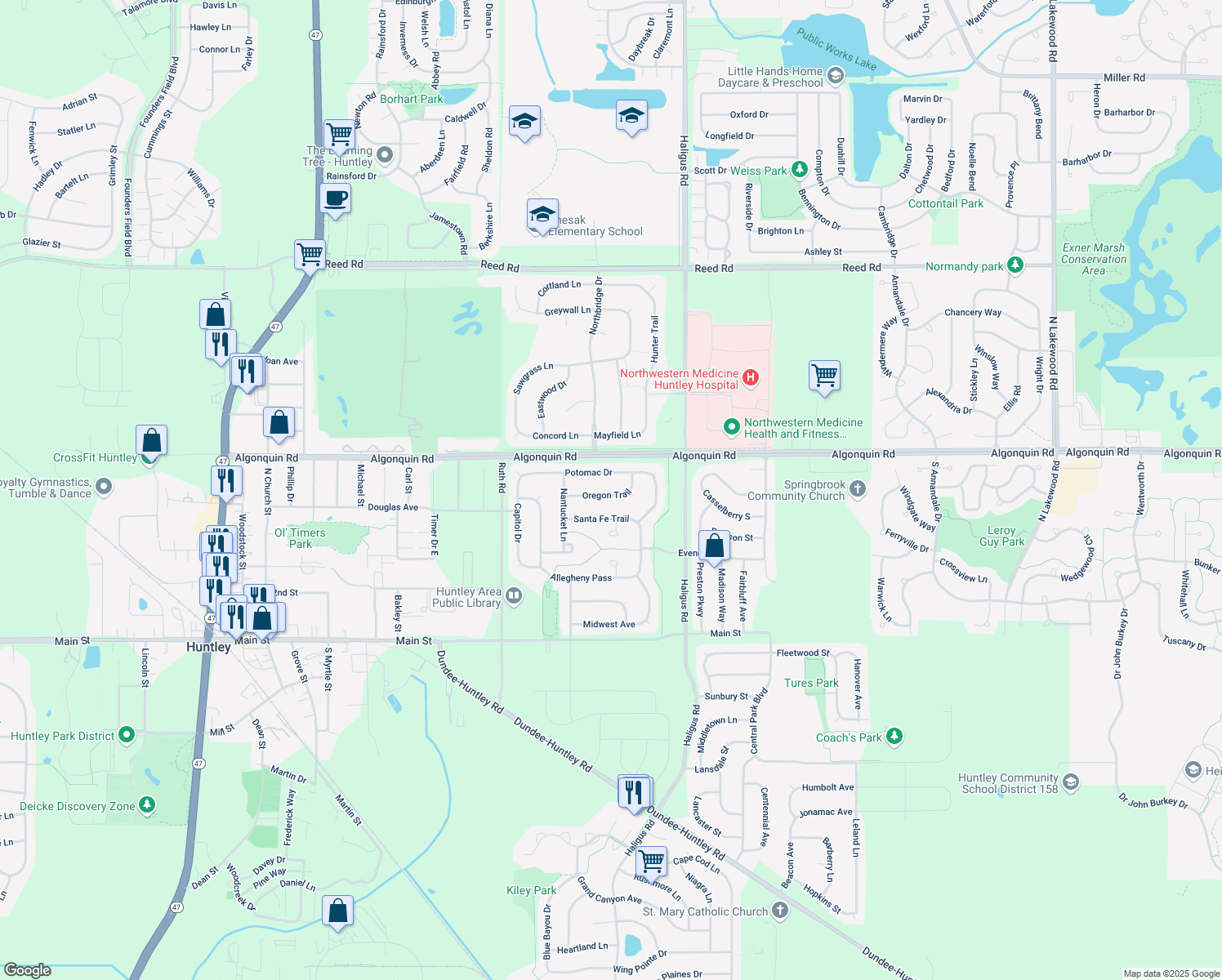 map of restaurants, bars, coffee shops, grocery stores, and more near 10708 Oregon Trail in Huntley