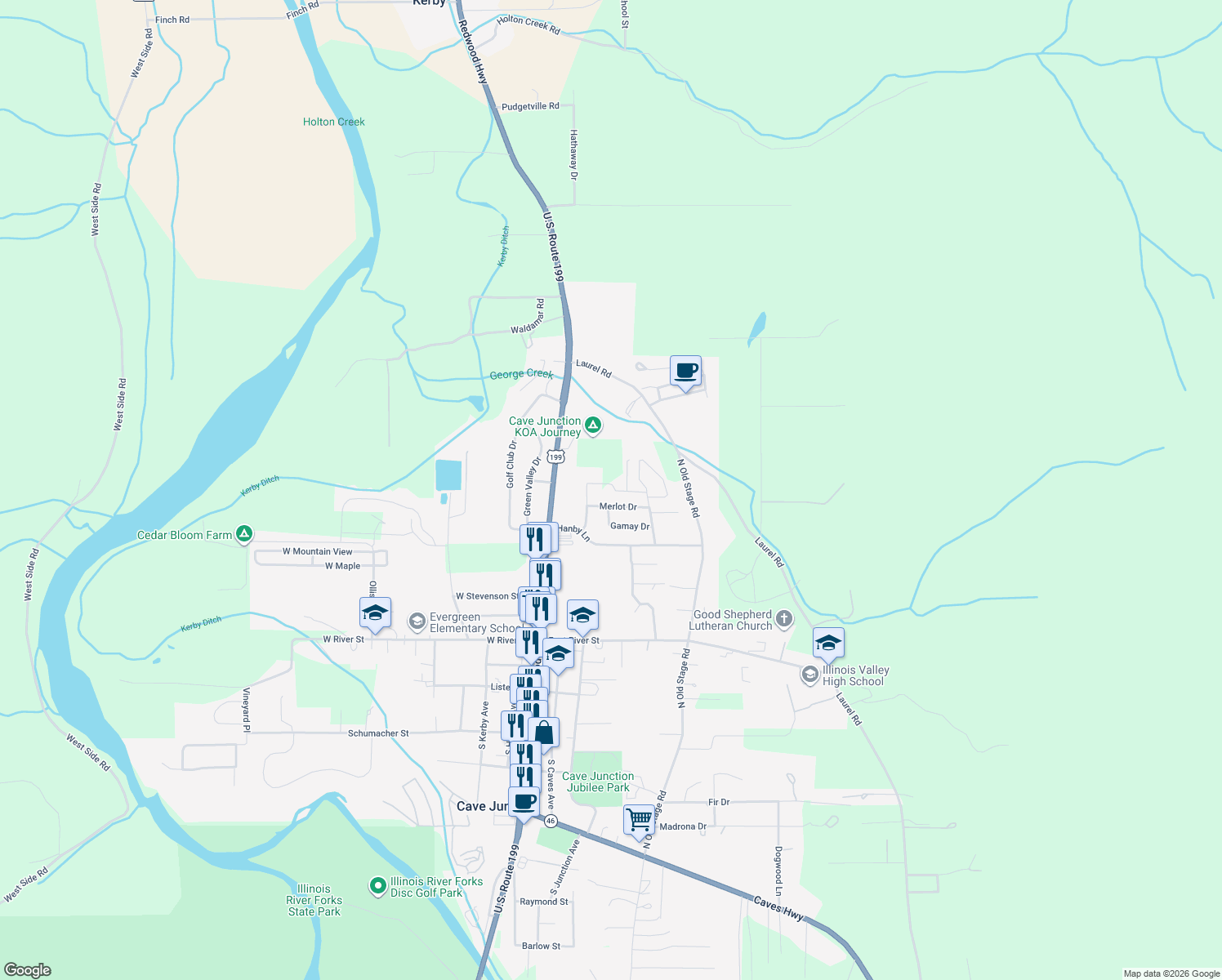 map of restaurants, bars, coffee shops, grocery stores, and more near 25637 Redwood Hwy in Cave Junction