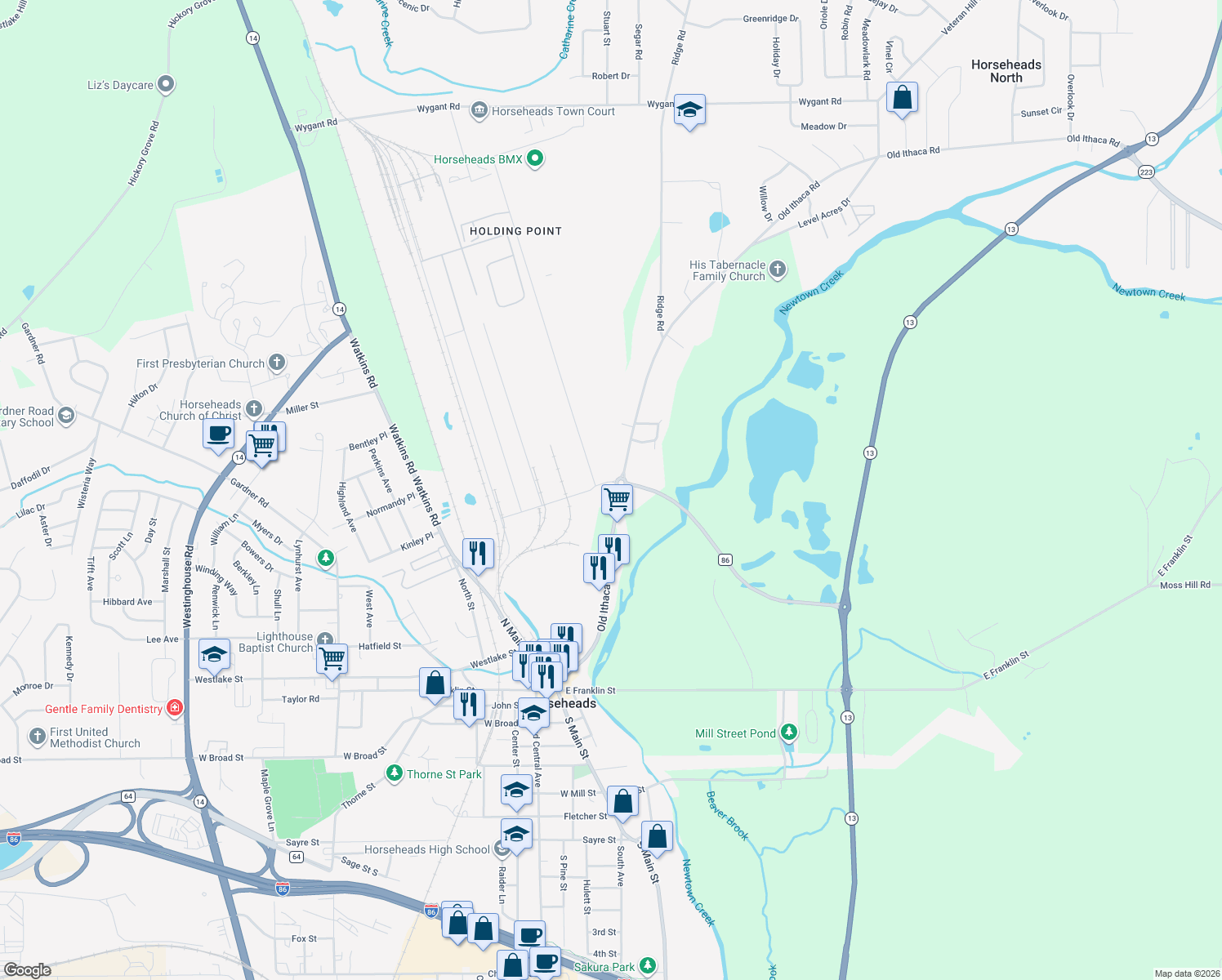 map of restaurants, bars, coffee shops, grocery stores, and more near 101 Old Ithaca Rd in Horseheads