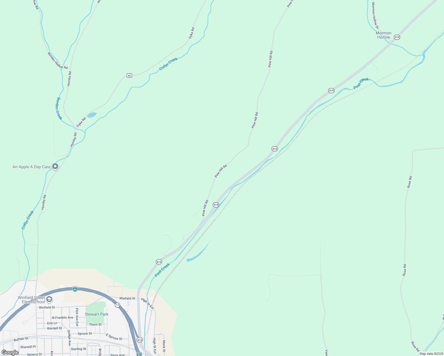 map of restaurants, bars, coffee shops, grocery stores, and more near 3616 Pine Hill Road in Corning