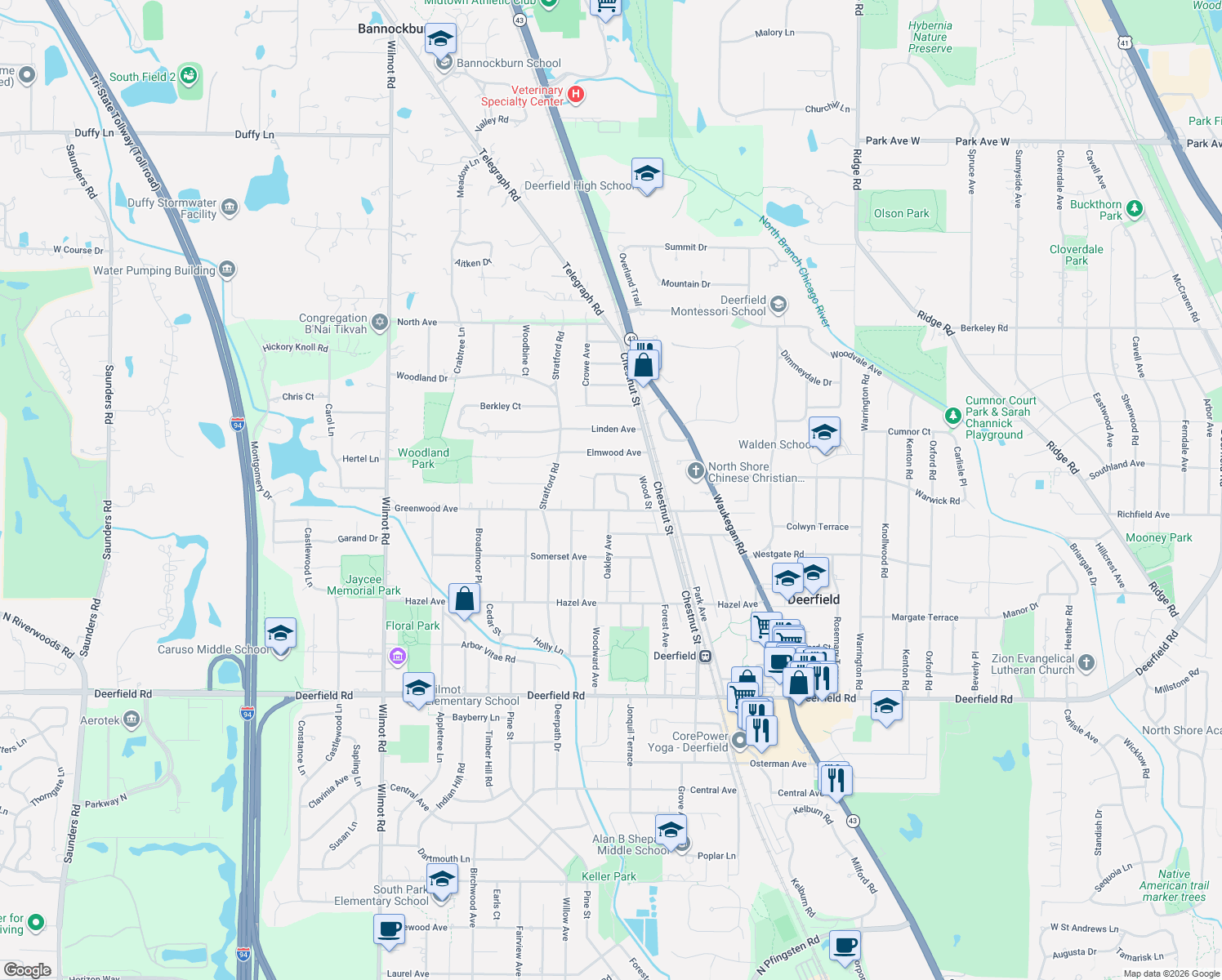 map of restaurants, bars, coffee shops, grocery stores, and more near 1230 Parkside Lane in Deerfield