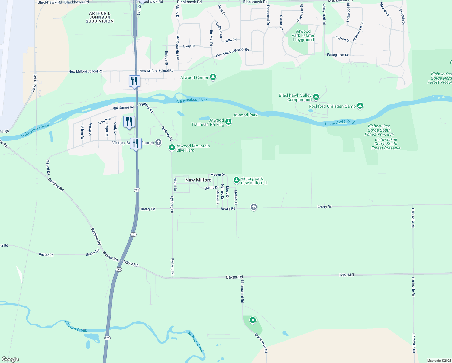 map of restaurants, bars, coffee shops, grocery stores, and more near 301 Mead Drive in Rockford