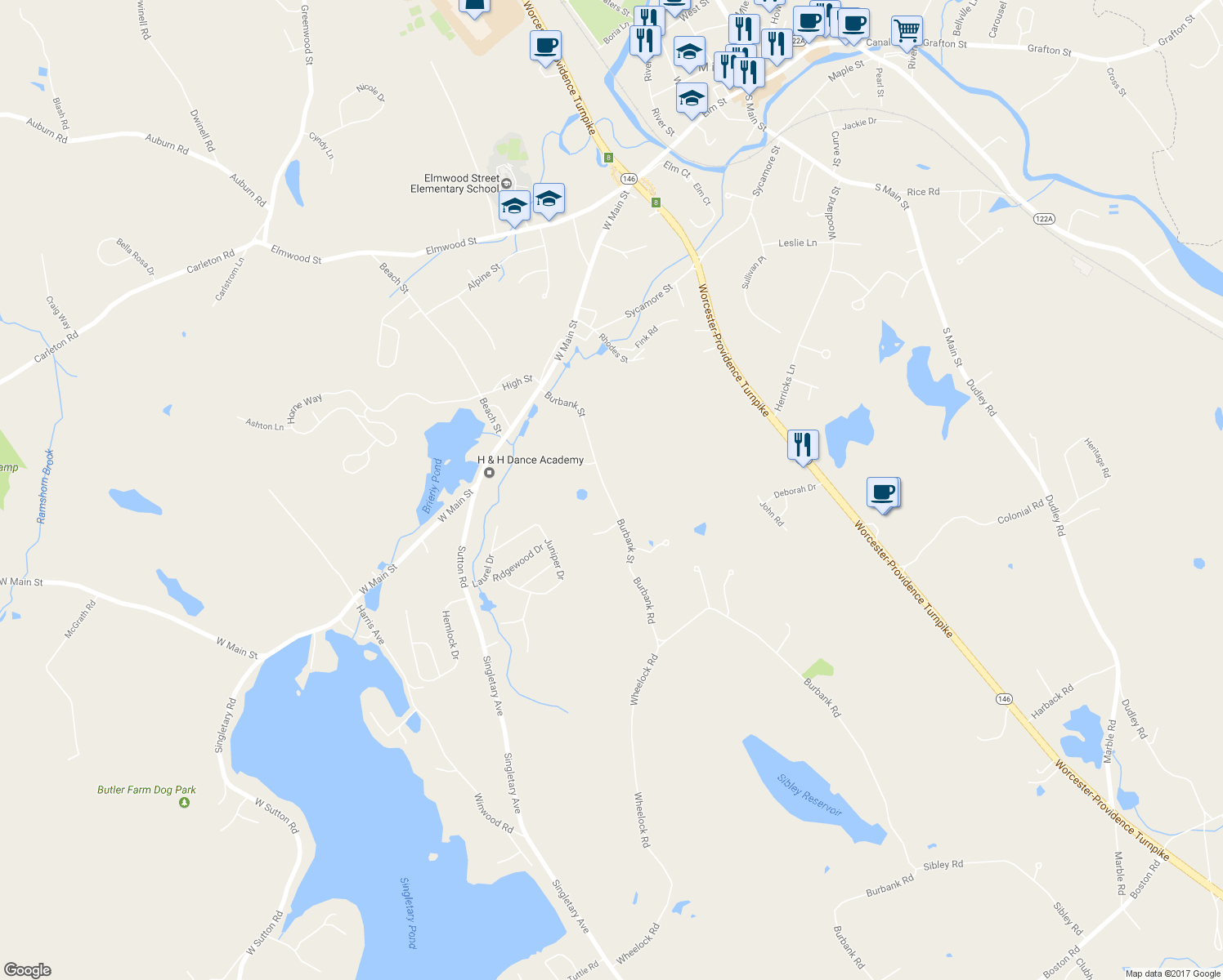 map of restaurants, bars, coffee shops, grocery stores, and more near 47 Burbank Street in Millbury